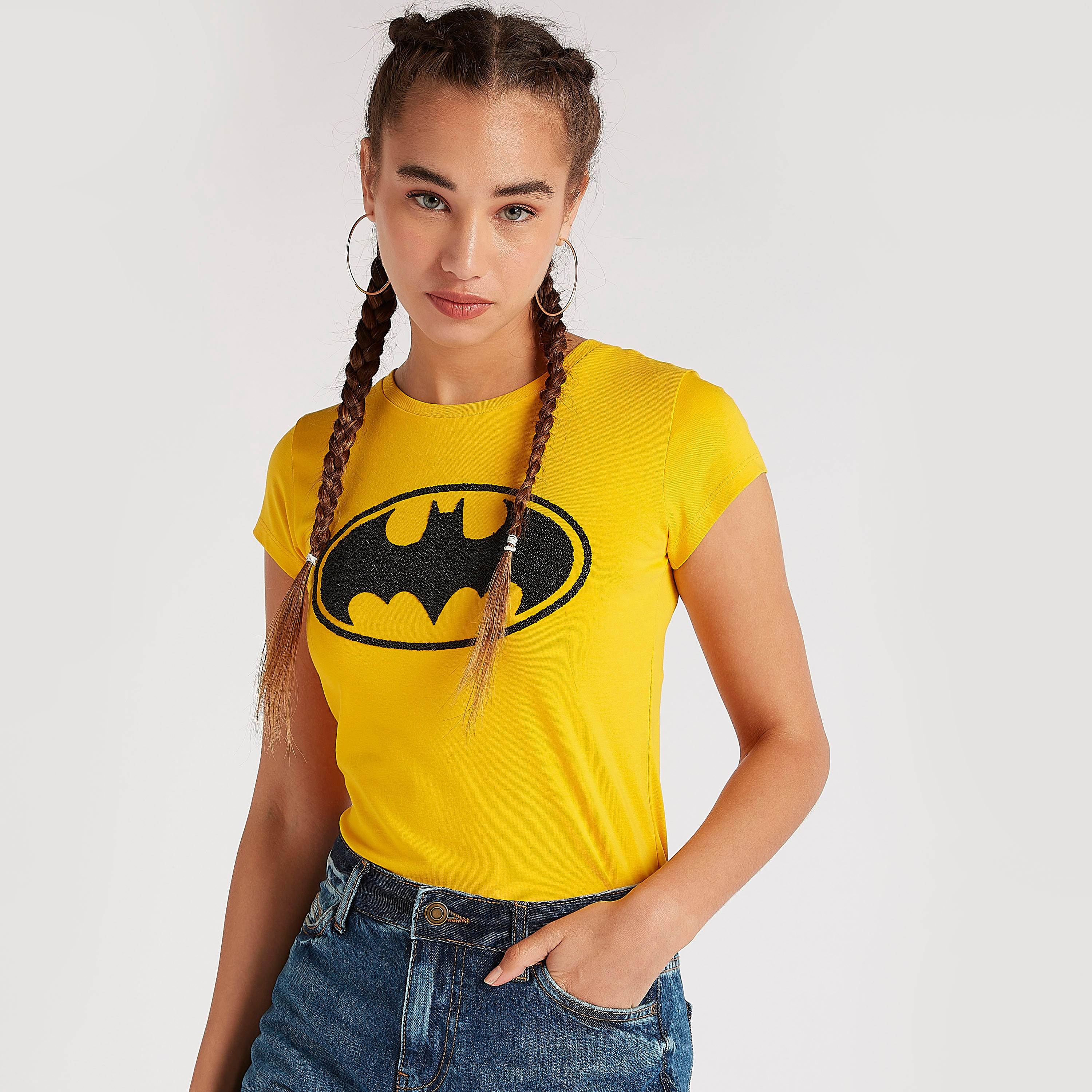 Batman Print Crew Neck T-shirt with Cap Sleeves-women-clothing-tshirts-image-5