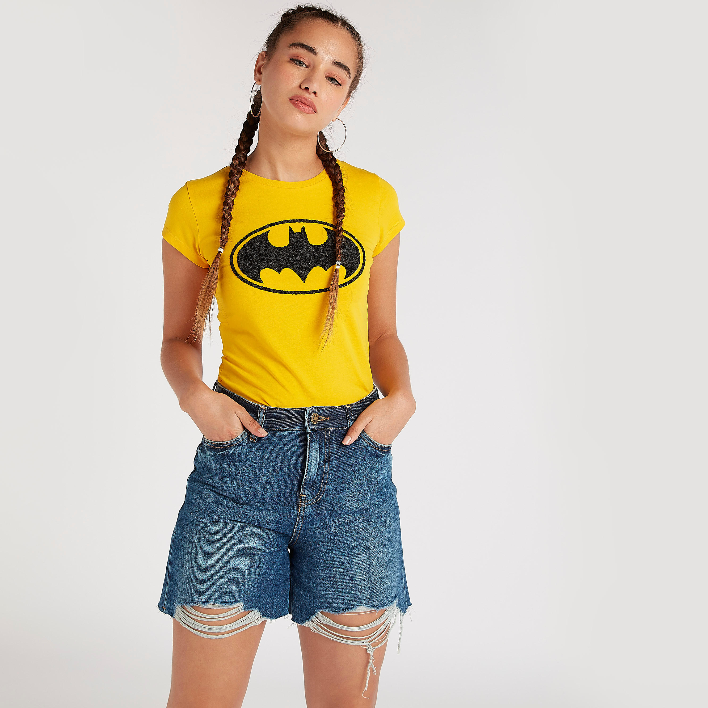 Batman Print Crew Neck T-shirt with Cap Sleeves-women-clothing-tshirts-image-6