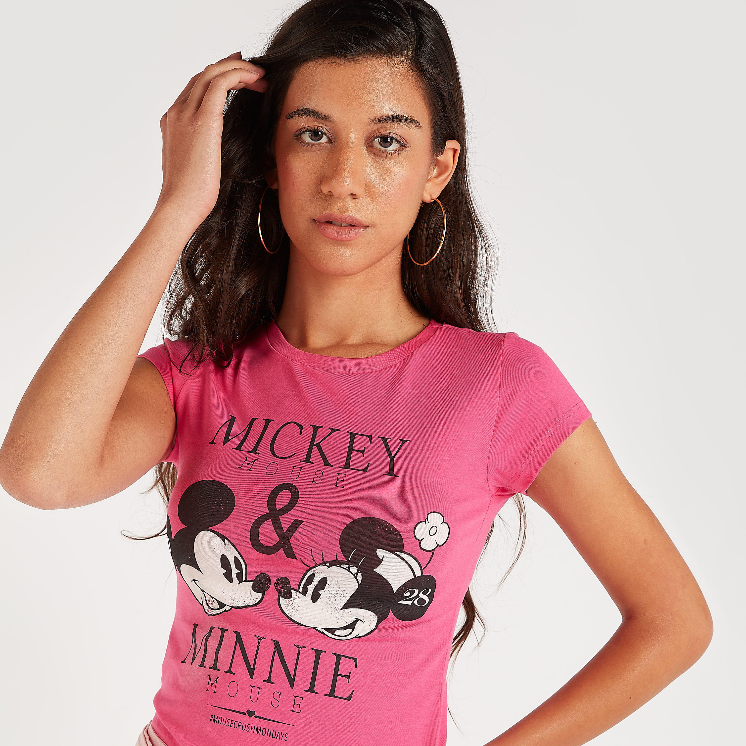 Mickey and Minnie Mouse Print T-shirt with Crew Neck-women-clothing-tshirts-image-3
