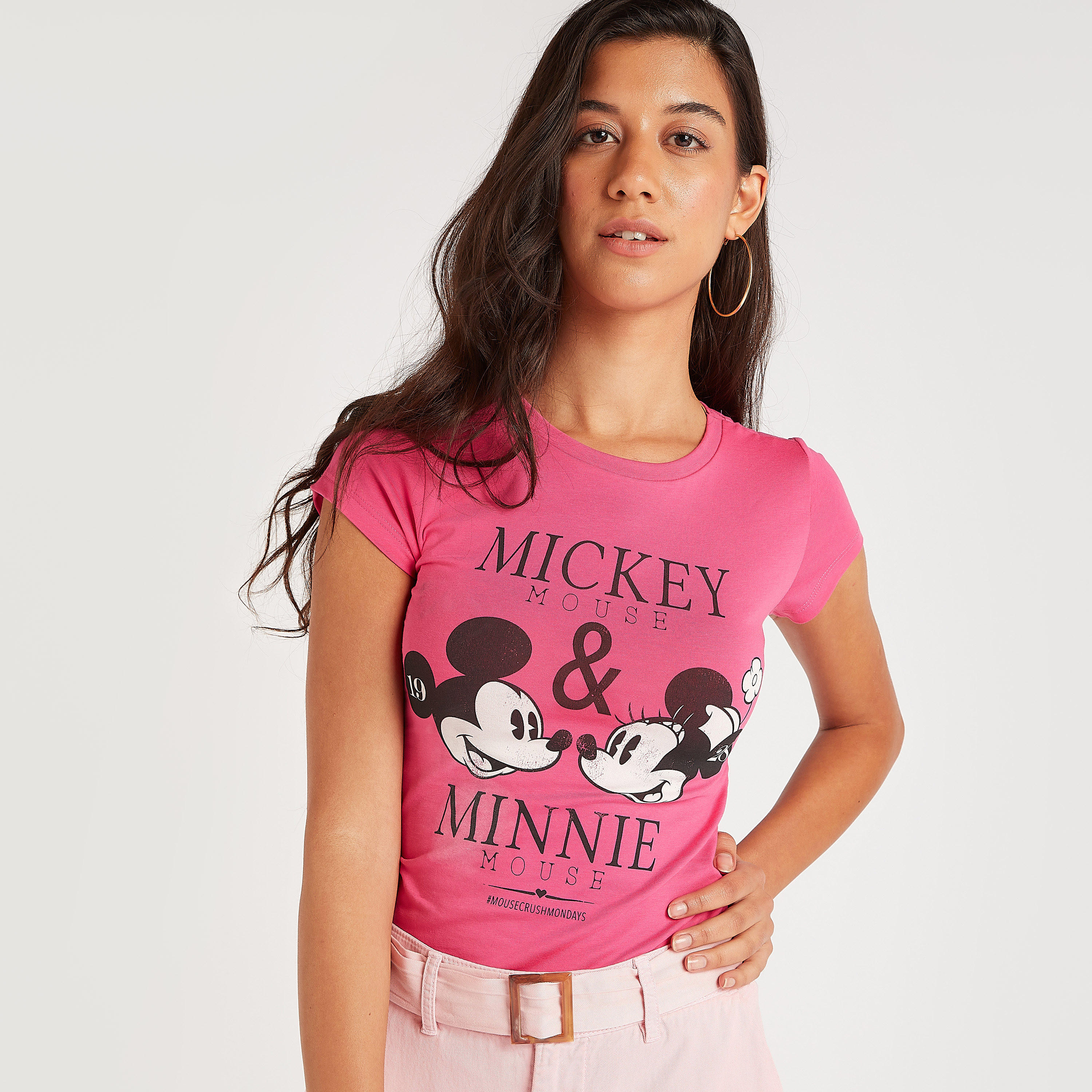 Mickey and Minnie Mouse Print T-shirt with Crew Neck-women-clothing-tshirts-image-5