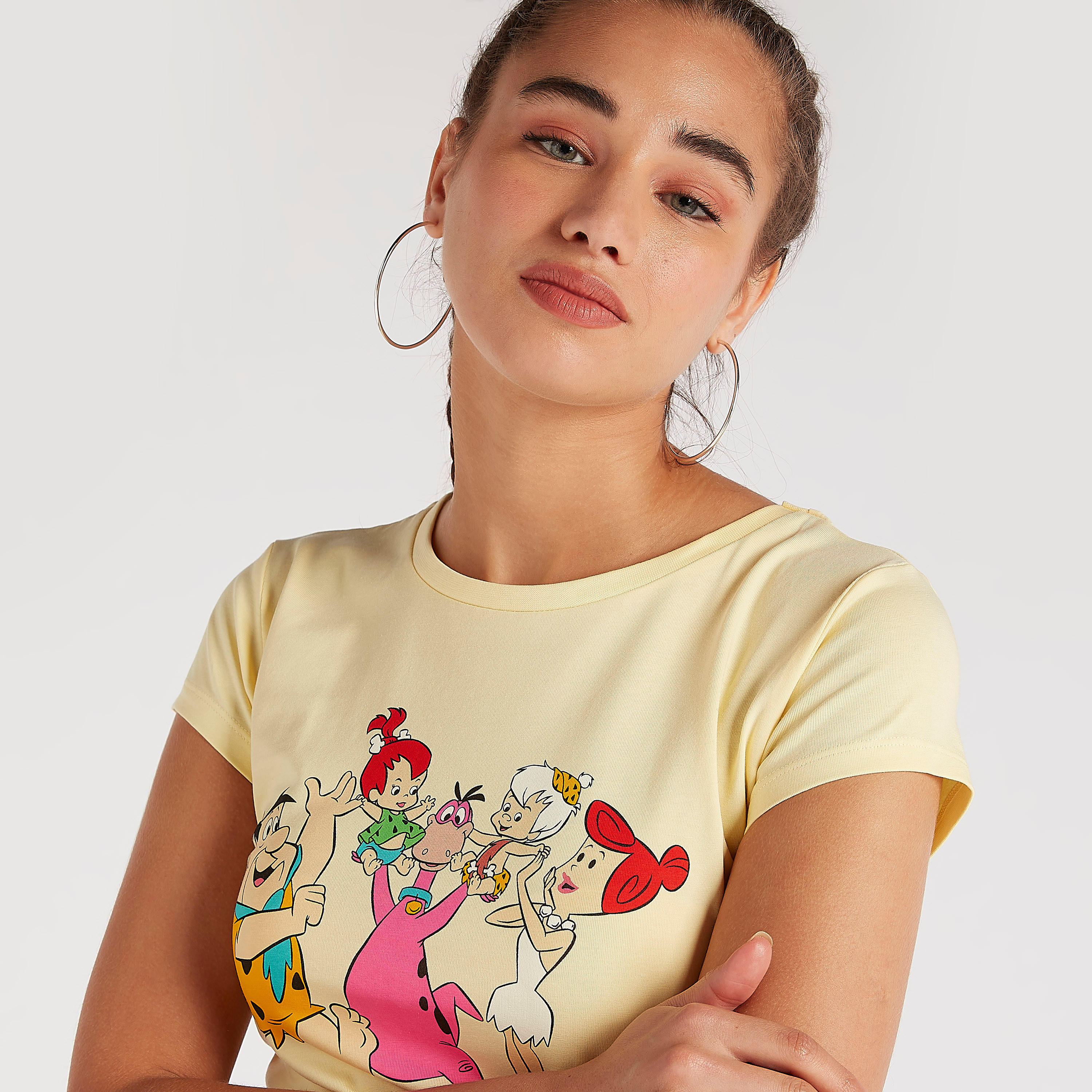 The Flintstones Print Crew Neck T-shirt with Cap Sleeves-women-clothing-tshirts-image-1