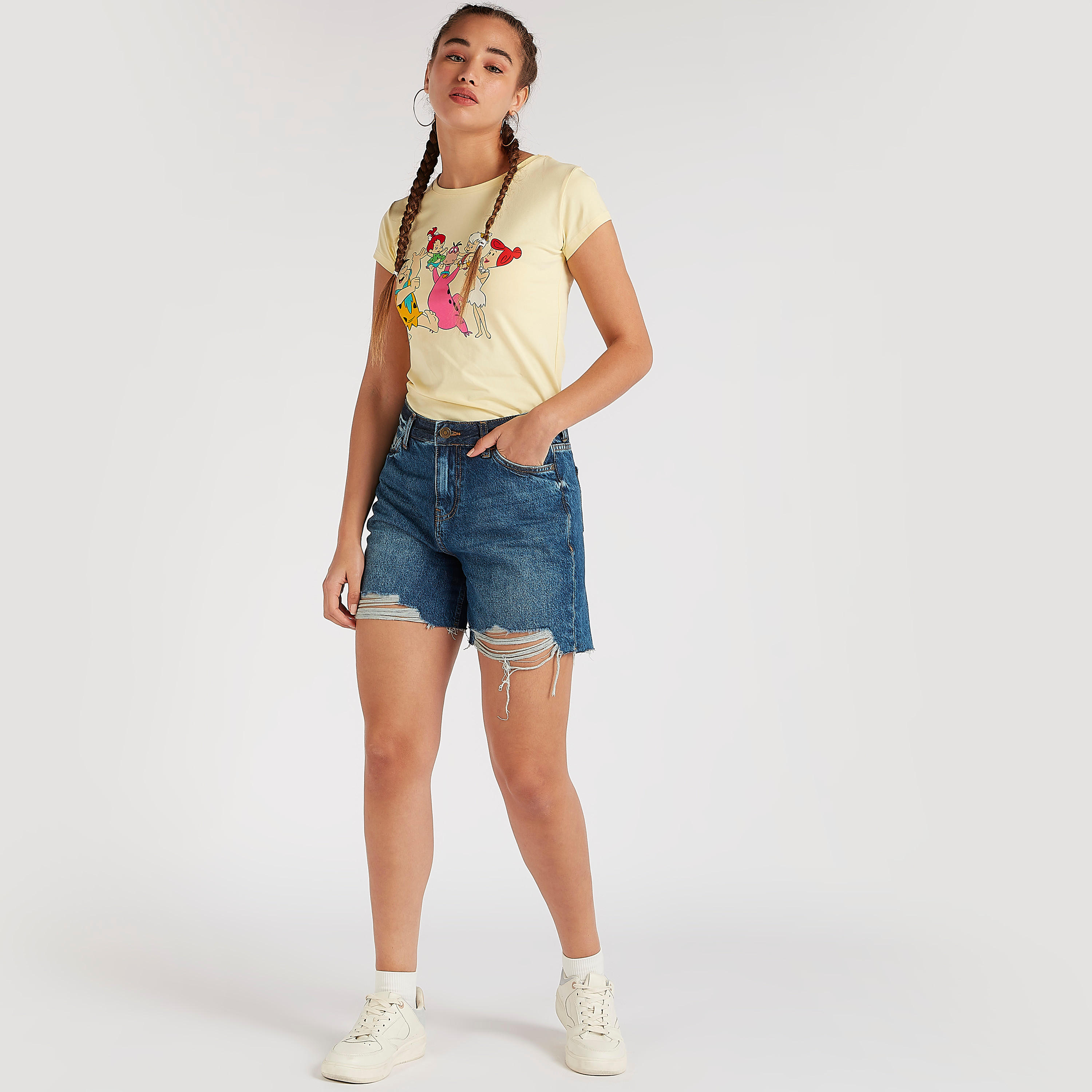 The Flintstones Print Crew Neck T-shirt with Cap Sleeves-women-clothing-tshirts-image-2