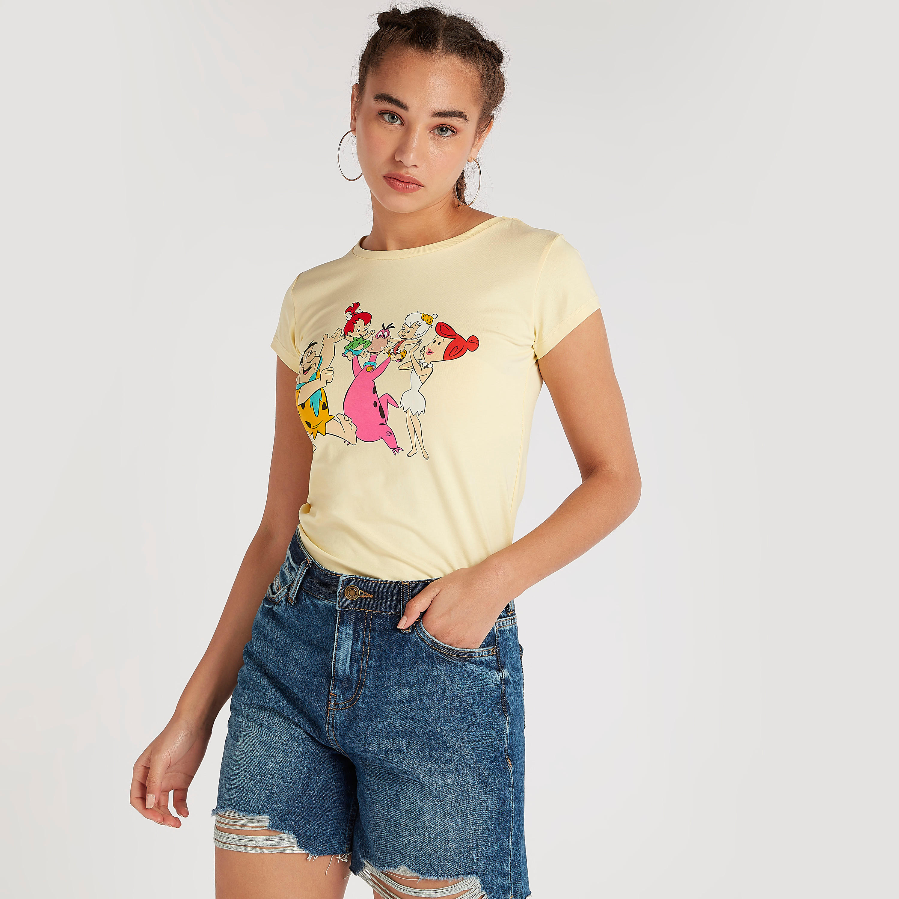 The Flintstones Print Crew Neck T-shirt with Cap Sleeves-women-clothing-tshirts-image-3