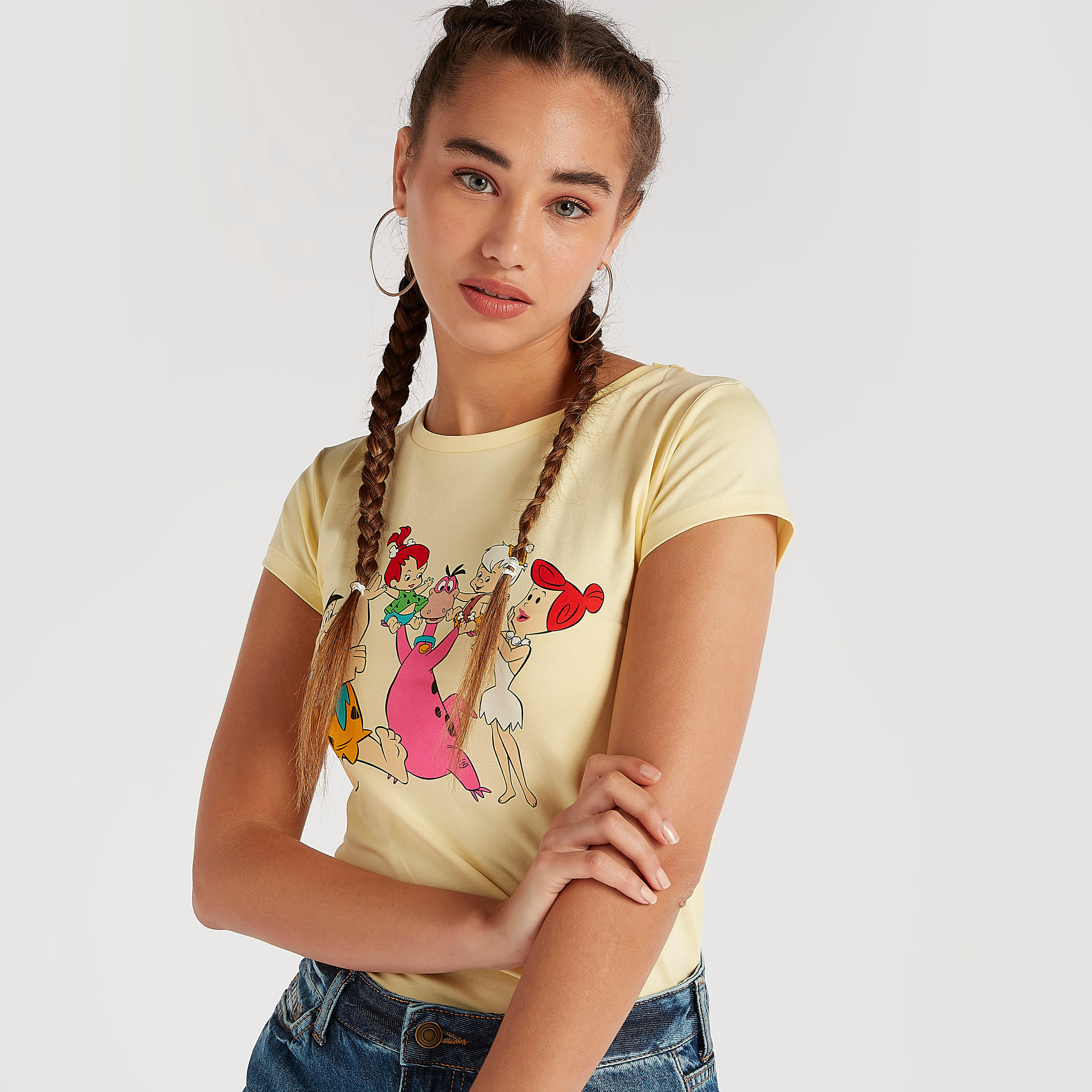 The Flintstones Print Crew Neck T-shirt with Cap Sleeves-women-clothing-tshirts-image-5