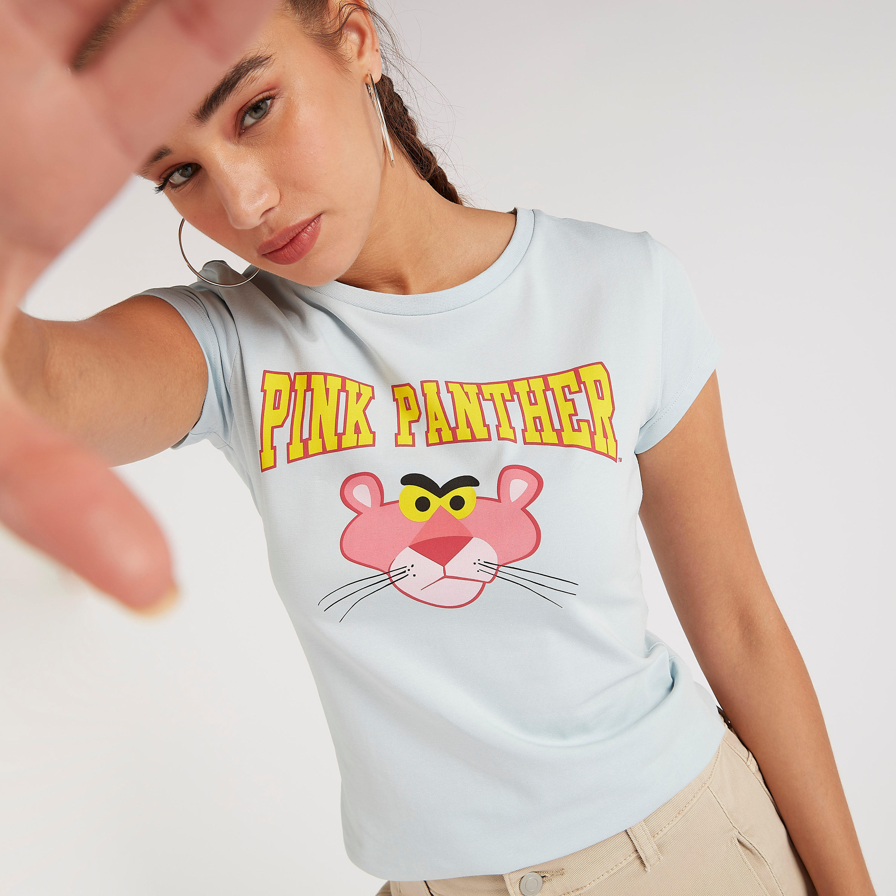 The Pink Panther Print Crew Neck T-shirt with Cap Sleeves-women-clothing-tshirts-image-1