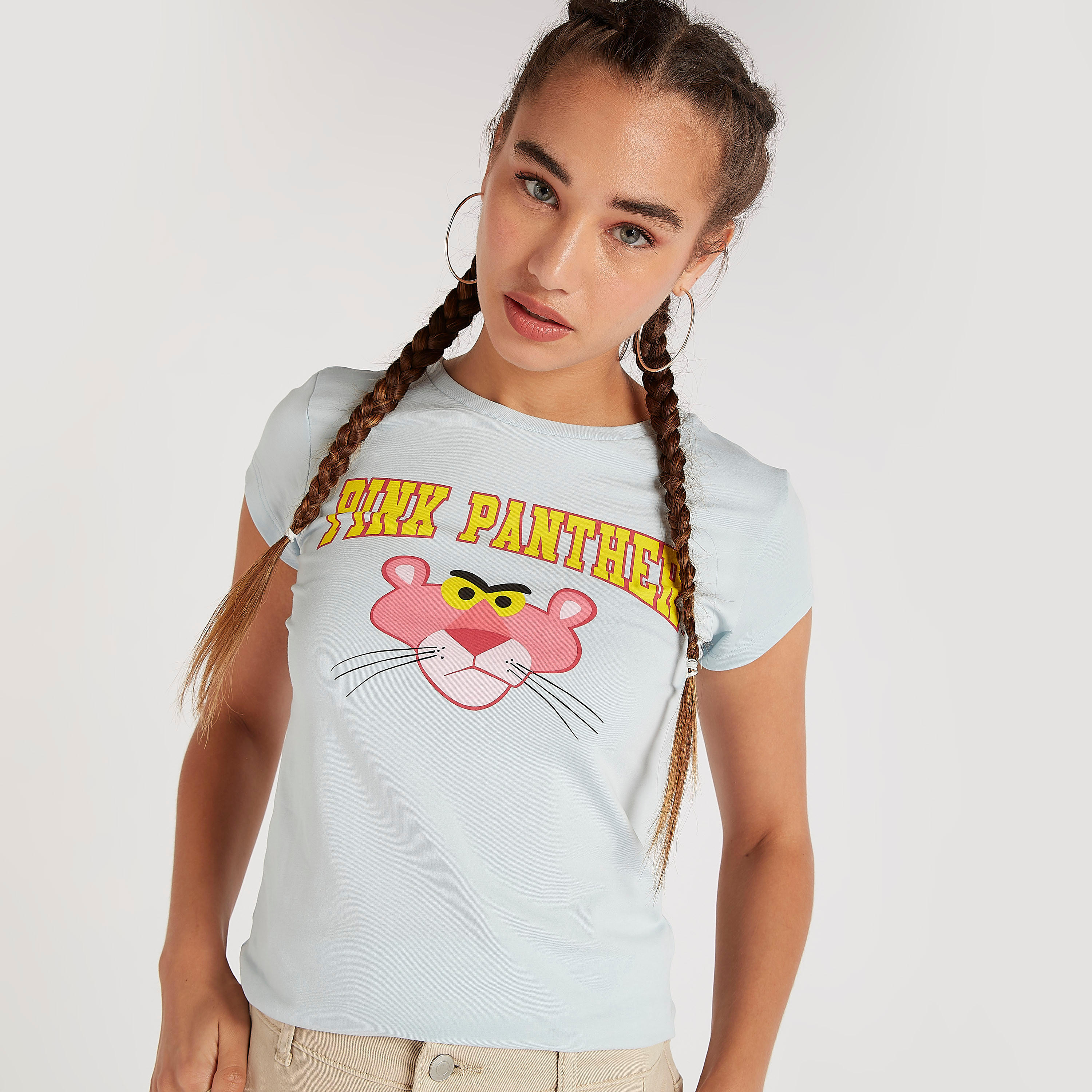 The Pink Panther Print Crew Neck T-shirt with Cap Sleeves-women-clothing-tshirts-image-3