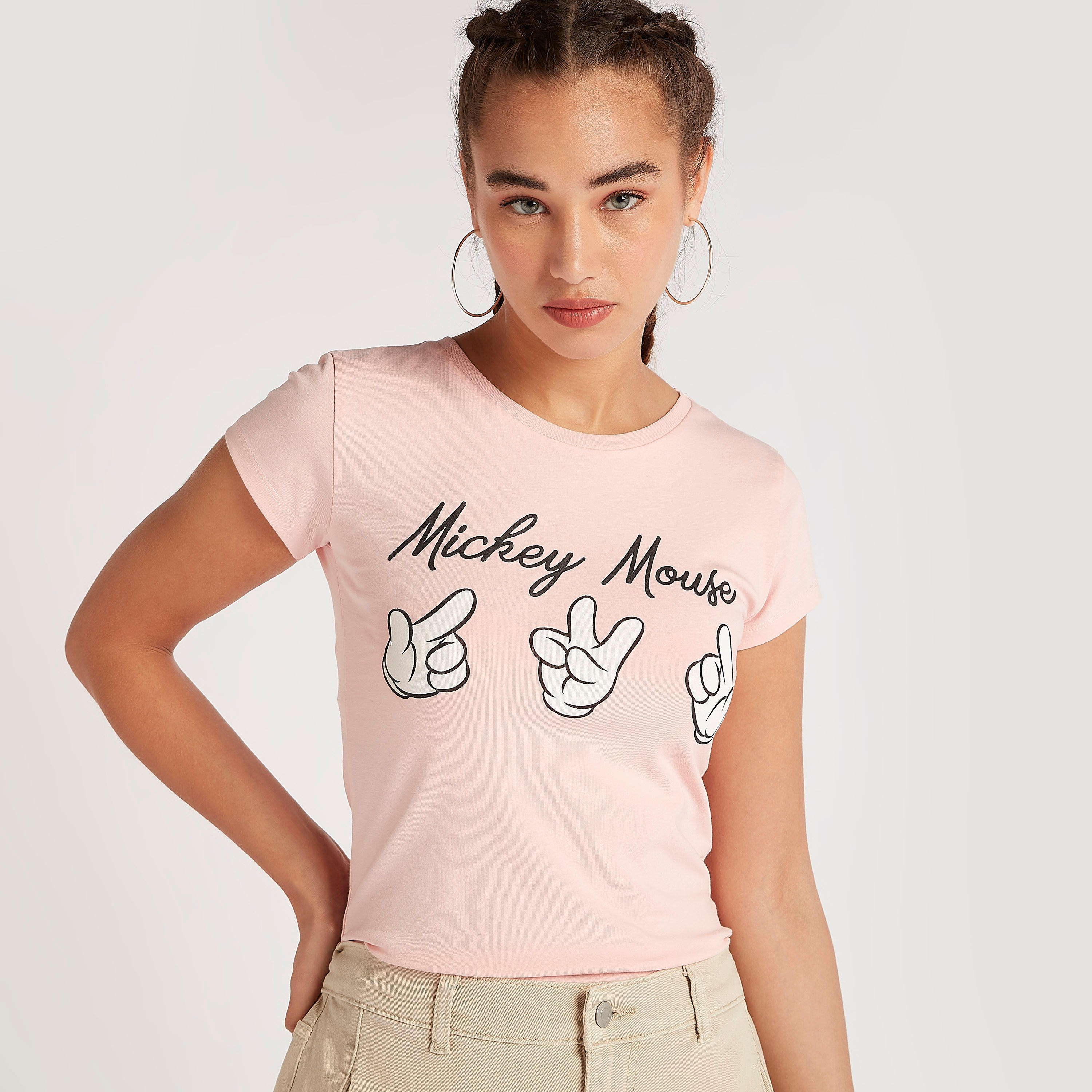 Mickey Mouse Print Crew Neck T-shirt with Cap Sleeves-women-clothing-tshirts-image-1