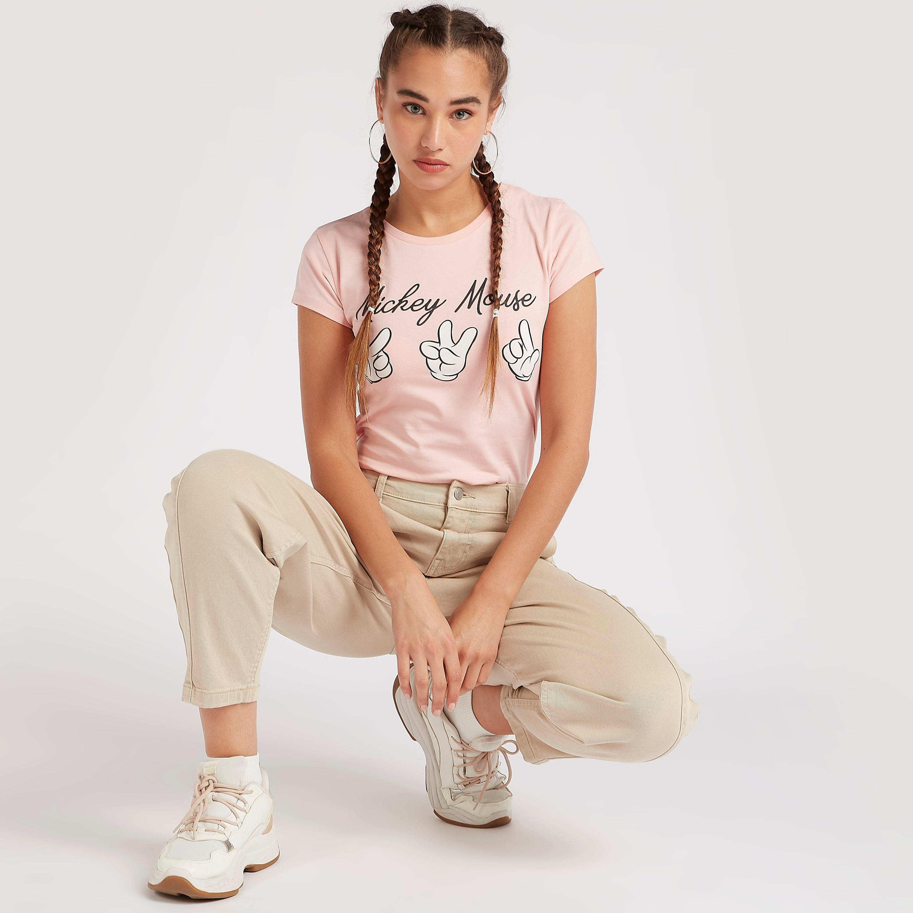 Mickey Mouse Print Crew Neck T-shirt with Cap Sleeves-women-clothing-tshirts-image-2