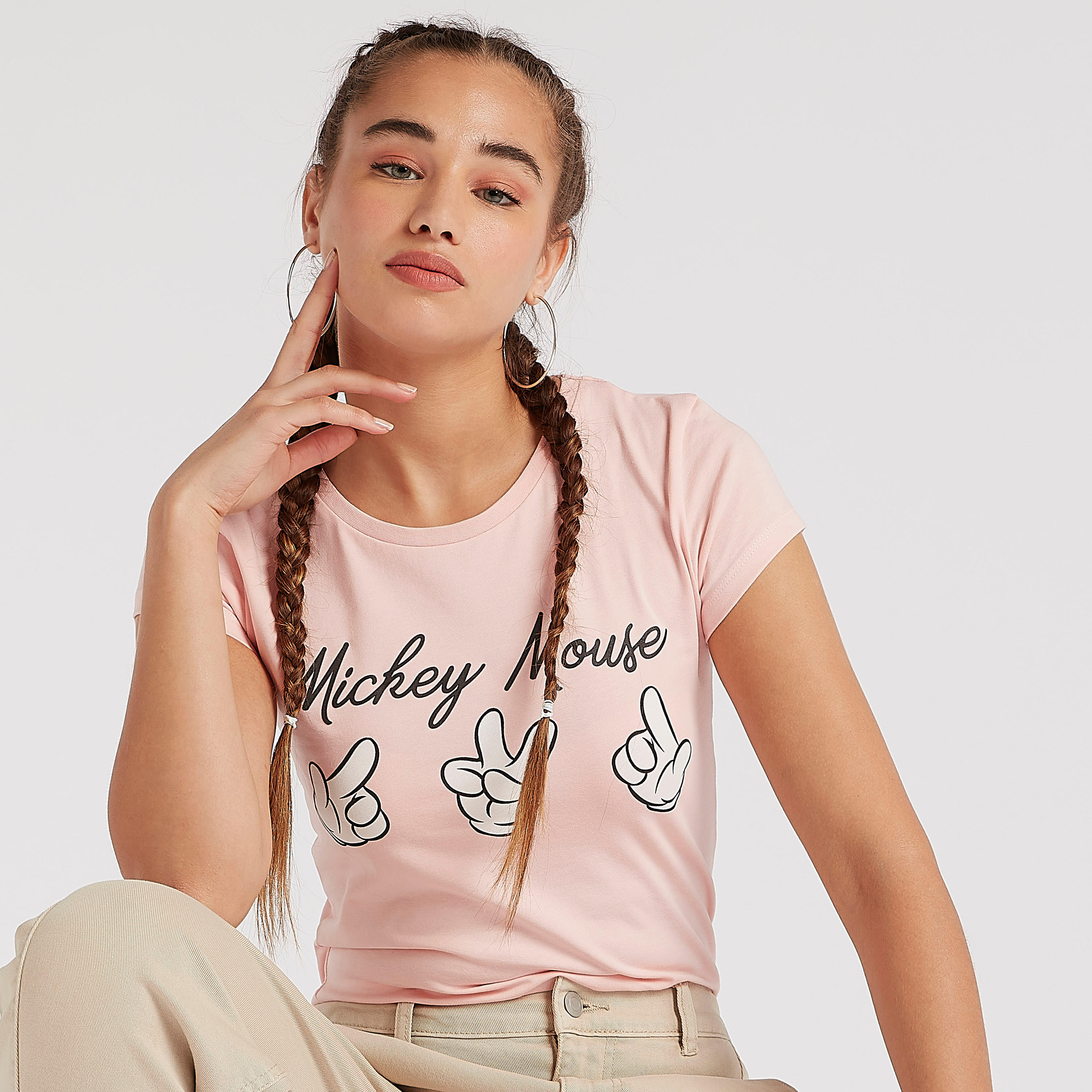 Mickey Mouse Print Crew Neck T-shirt with Cap Sleeves-women-clothing-tshirts-image-5