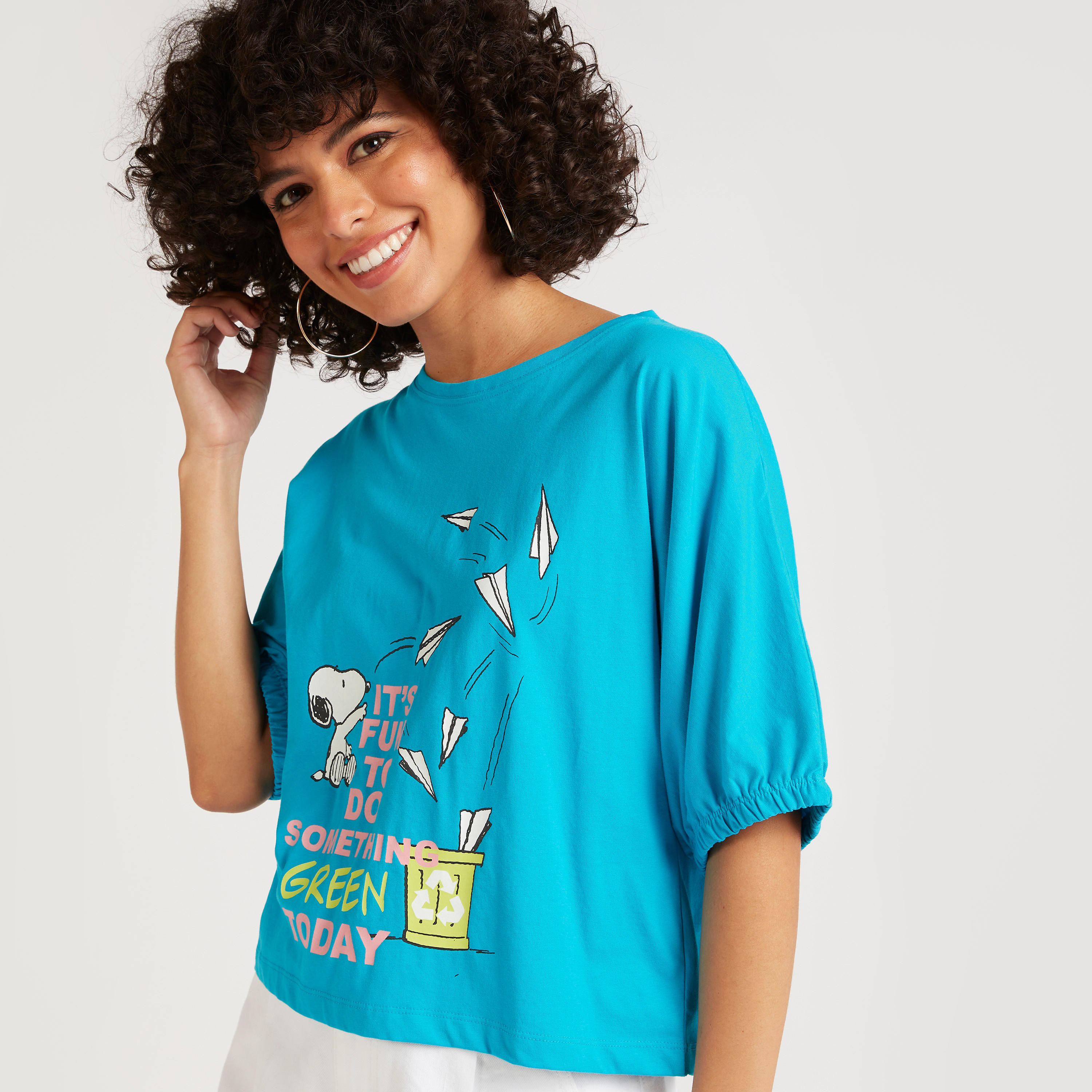 Snoopy Print Crew Neck T-shirt with Short Sleeves-women-clothing-tshirts-image-1