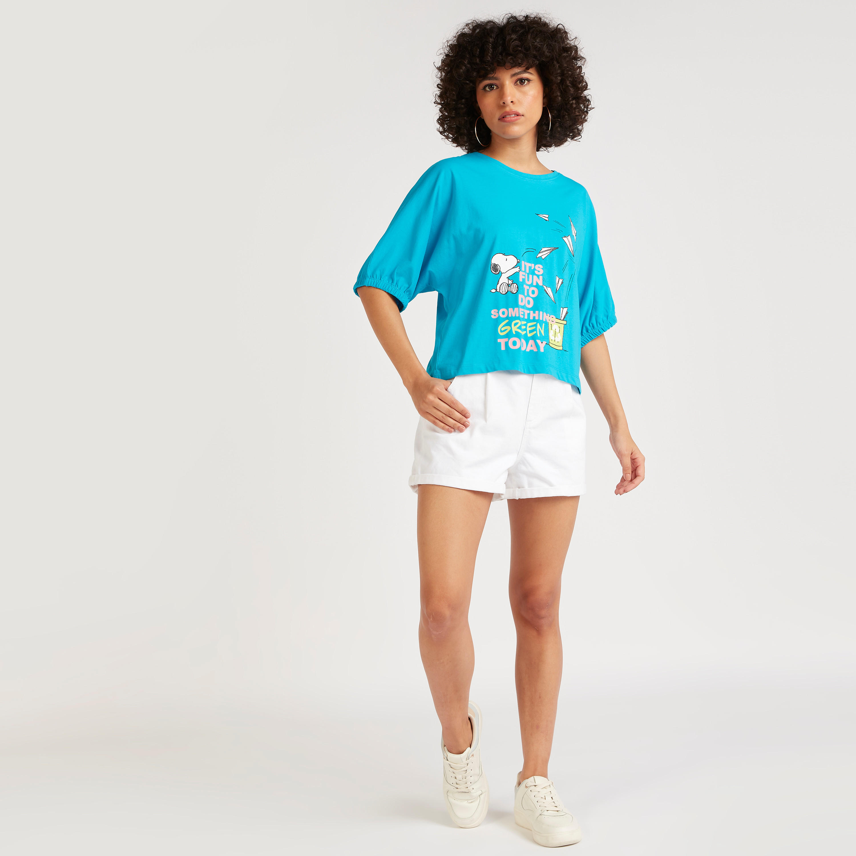 Snoopy Print Crew Neck T-shirt with Short Sleeves-women-clothing-tshirts-image-2