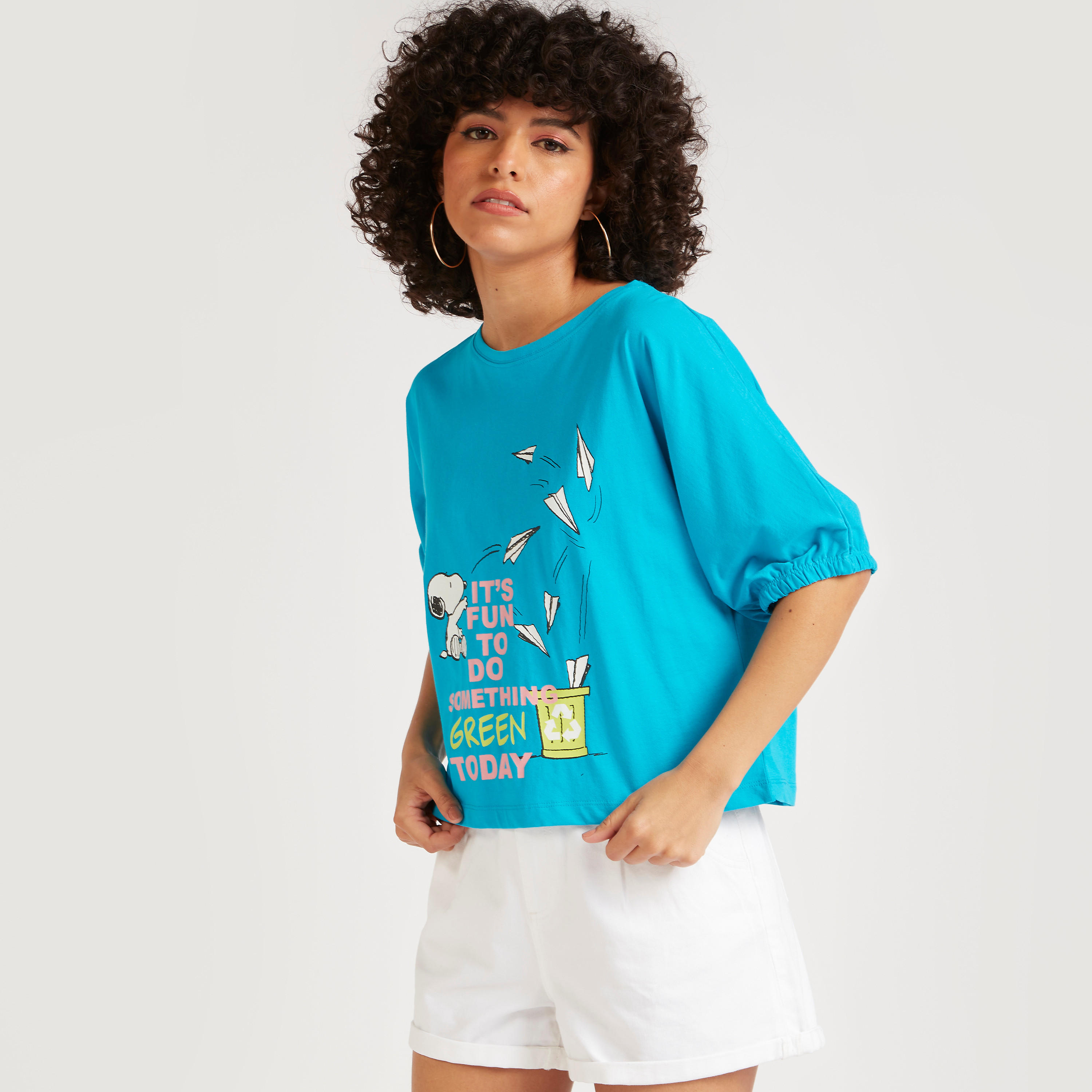 Snoopy Print Crew Neck T-shirt with Short Sleeves-women-clothing-tshirts-image-5