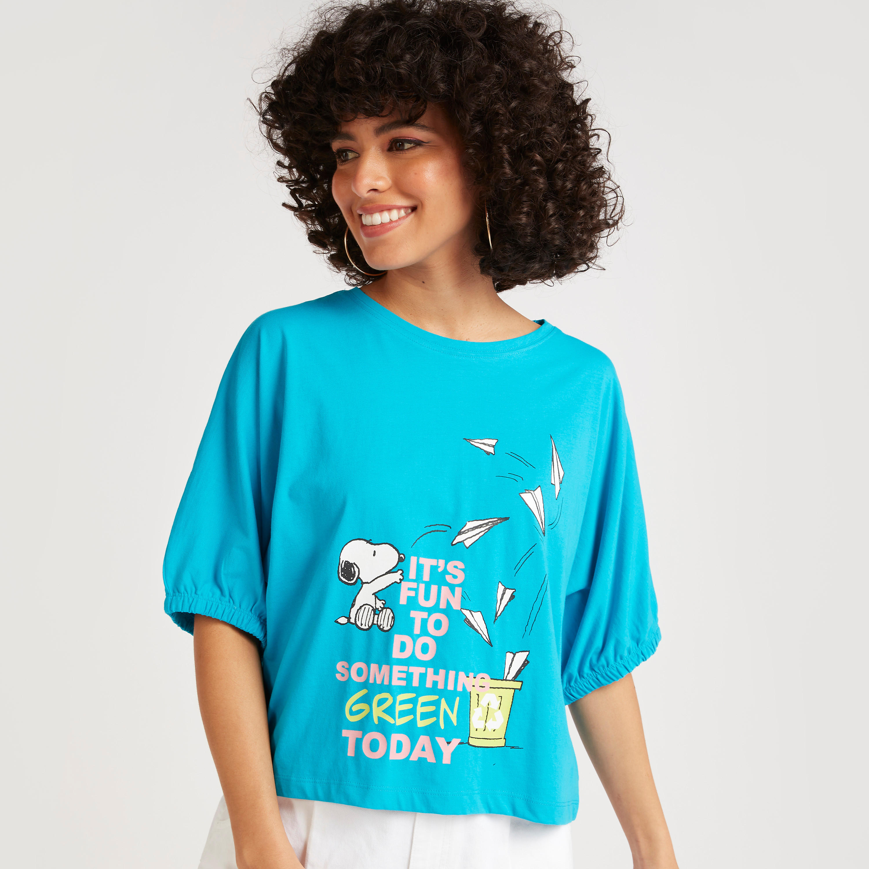 Snoopy Print Crew Neck T-shirt with Short Sleeves-women-clothing-tshirts-image-6