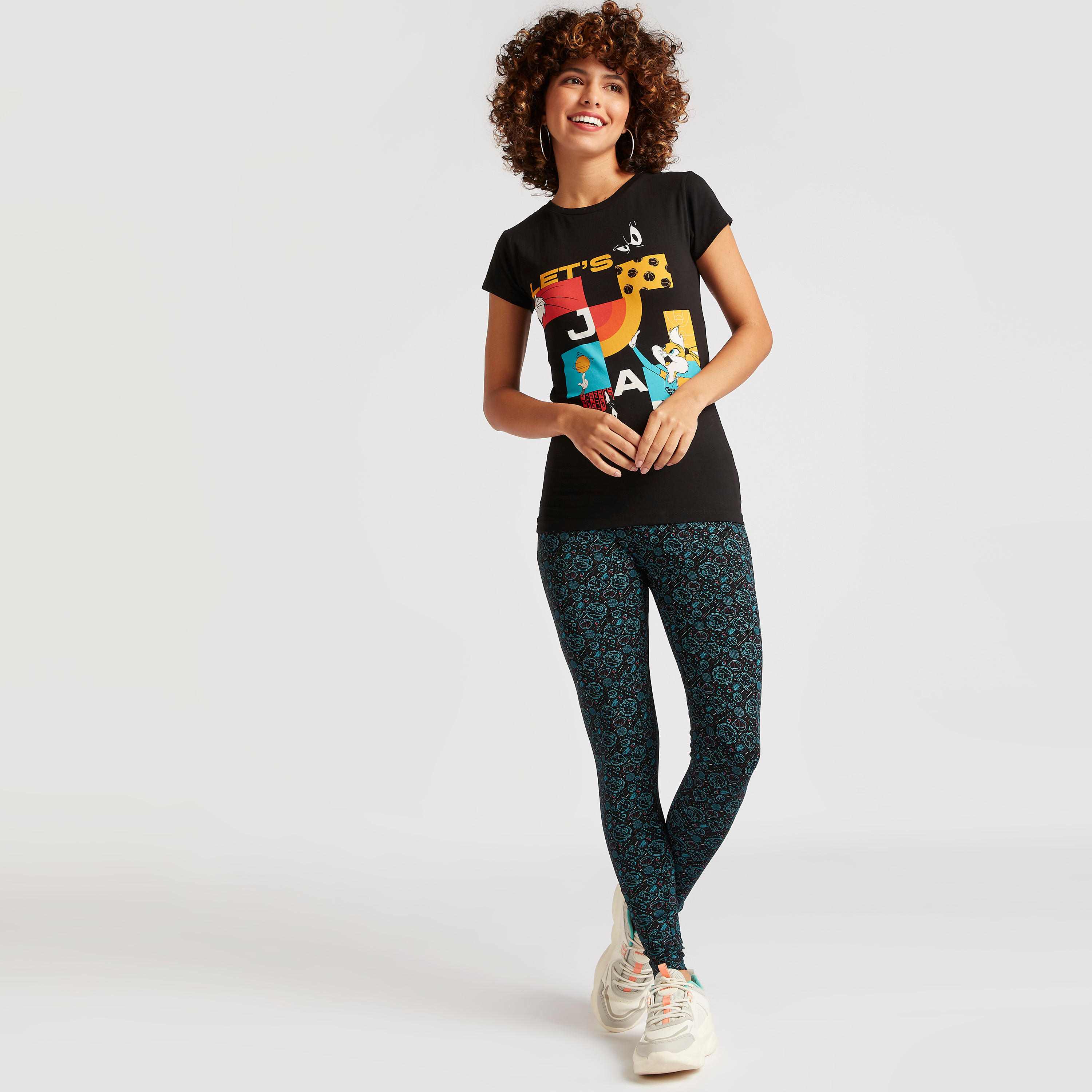 بنطلون ليقنز سادة بخصر مطّاطي متوسط الارتفاع وطبعات تيون سكواد-women-clothing-bottoms-leggings-image-2
