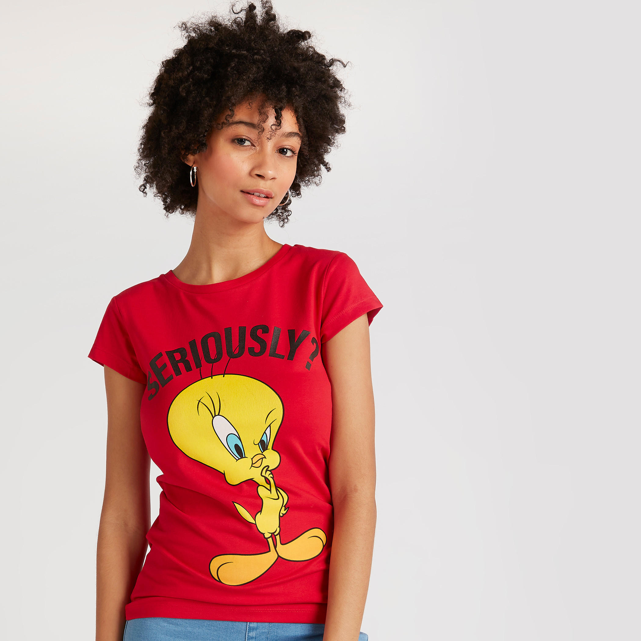Tweety Print T-shirt with Cap Sleeves and Crew Neck-women-clothing-tshirts-image-1