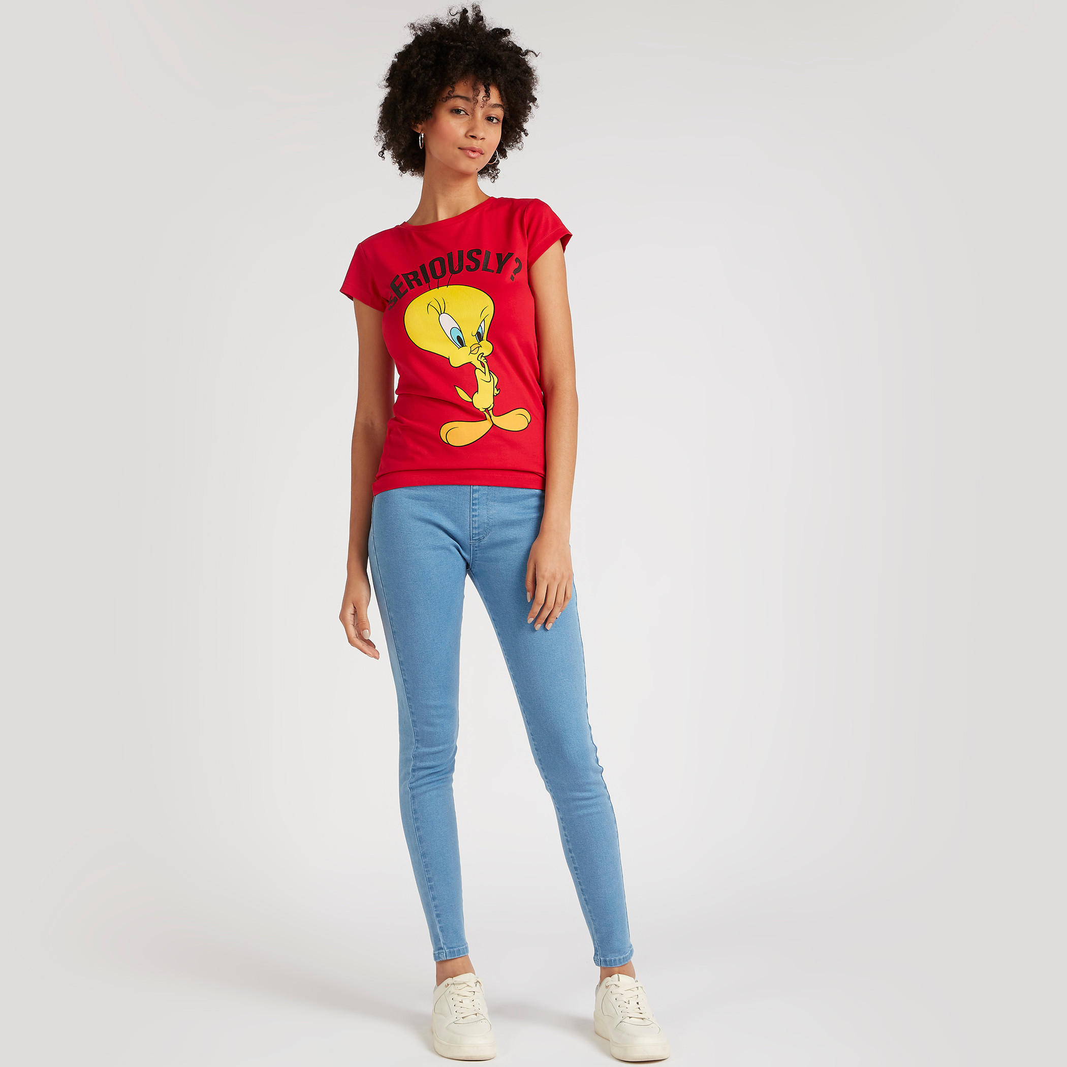 Tweety Print T-shirt with Cap Sleeves and Crew Neck-women-clothing-tshirts-image-2