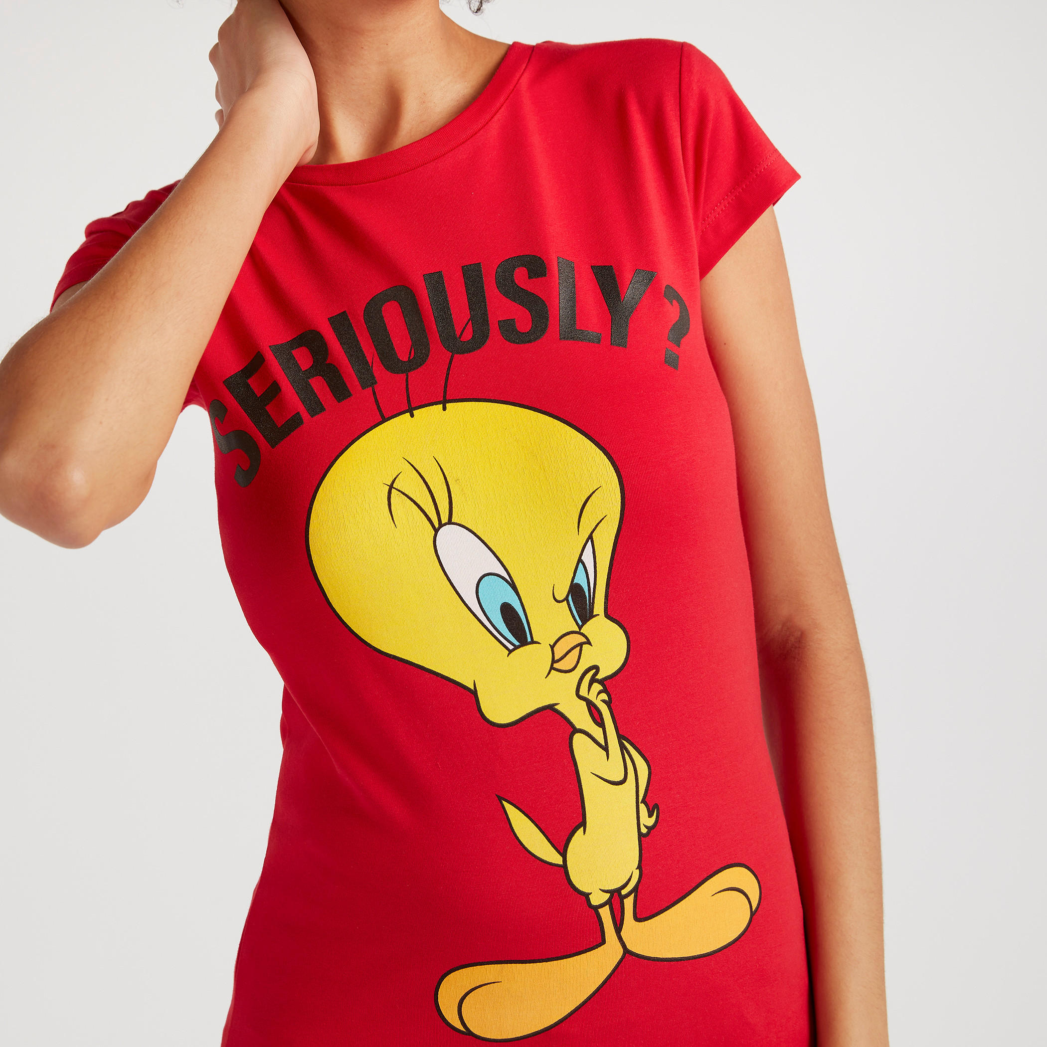 Tweety Print T-shirt with Cap Sleeves and Crew Neck-women-clothing-tshirts-image-3