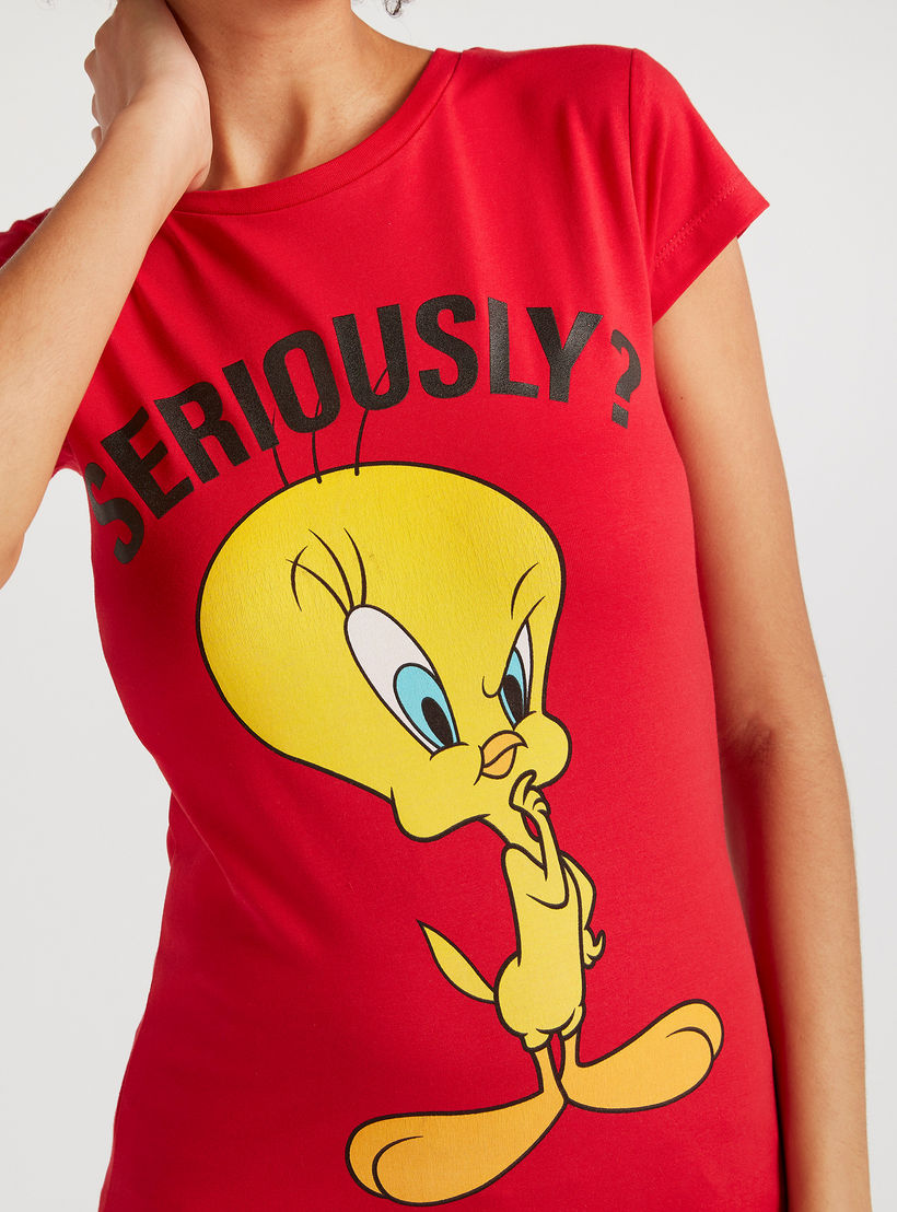 Tweety Print T-shirt with Cap Sleeves and Crew Neck-women-clothing-tshirts-image-3