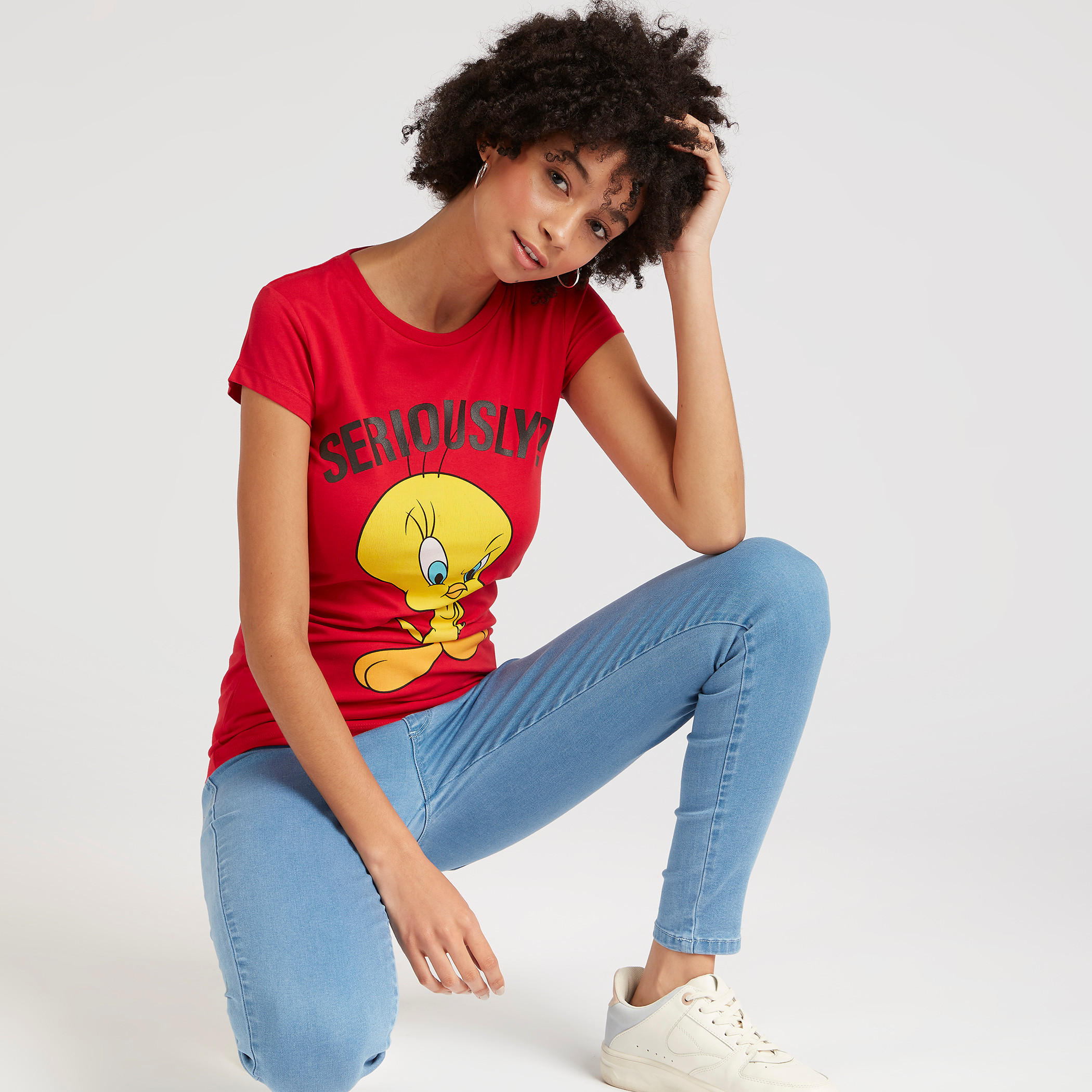 Tweety Print T-shirt with Cap Sleeves and Crew Neck-women-clothing-tshirts-image-5