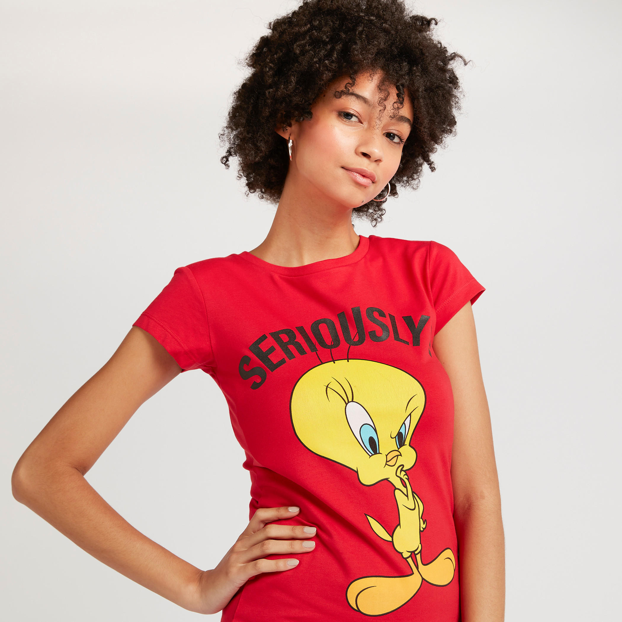 Tweety Print T-shirt with Cap Sleeves and Crew Neck-women-clothing-tshirts-image-6