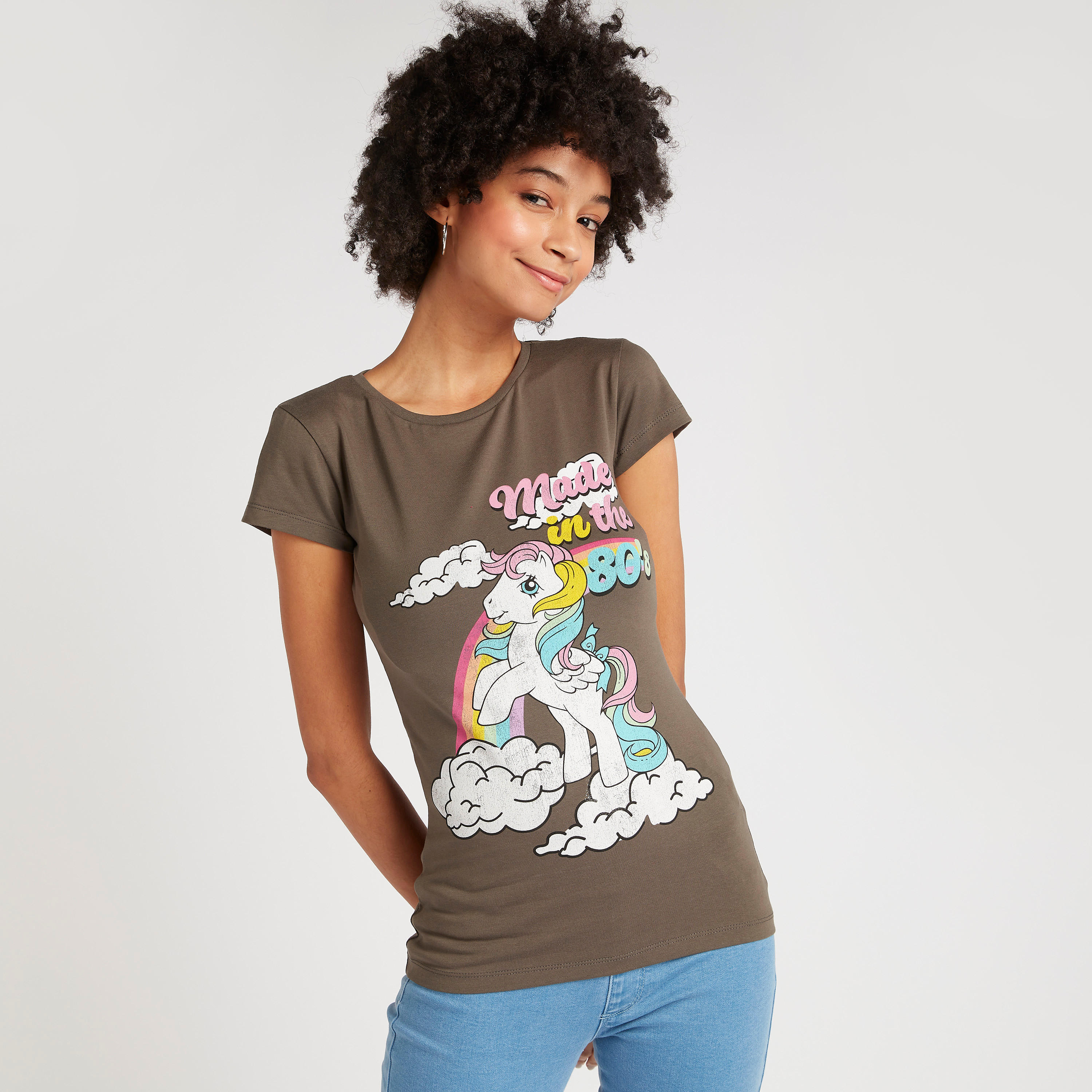 Unicorn Print Crew Neck T-shirt with Cap Sleeves-women-clothing-tshirts-image-1