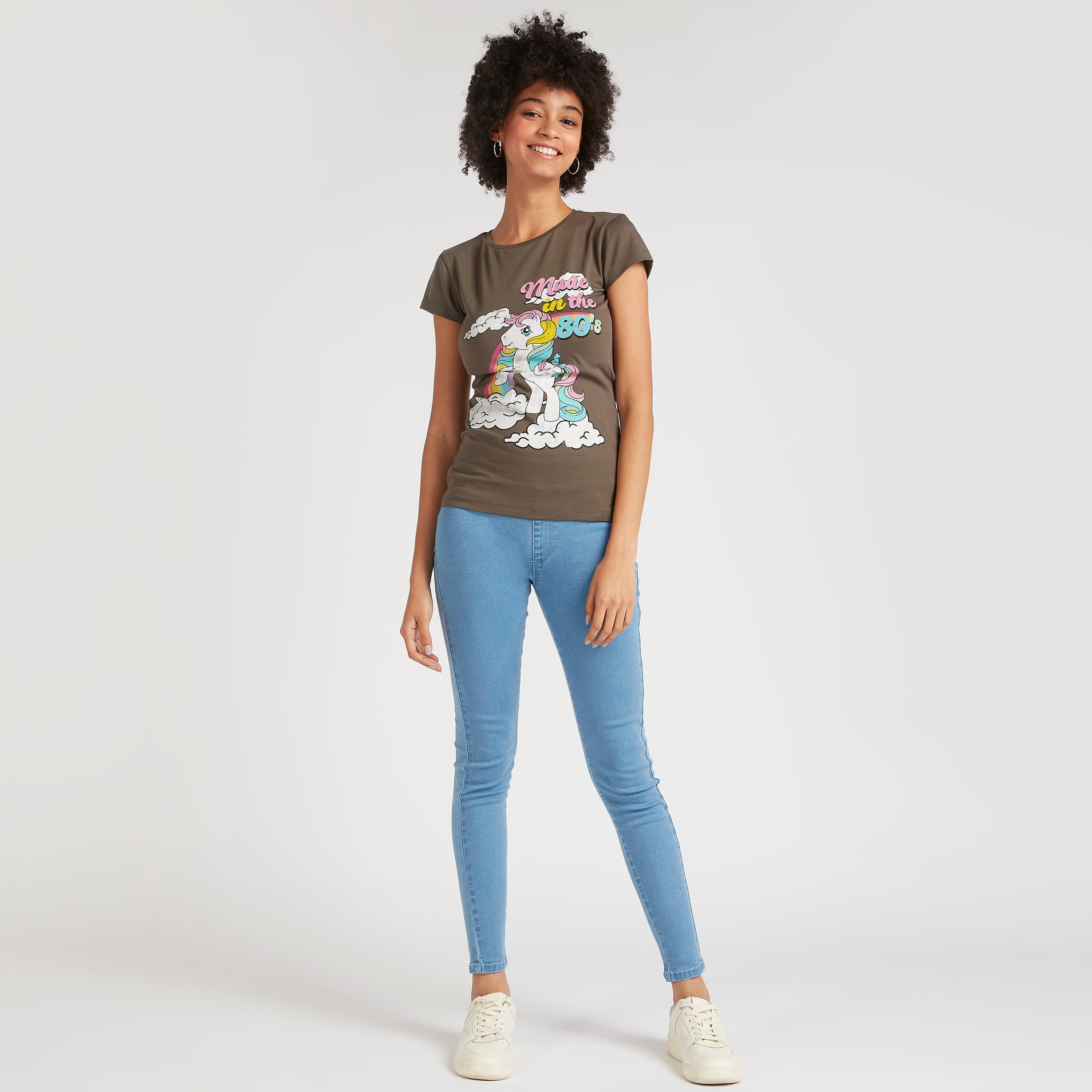 Unicorn Print Crew Neck T-shirt with Cap Sleeves-women-clothing-tshirts-image-2