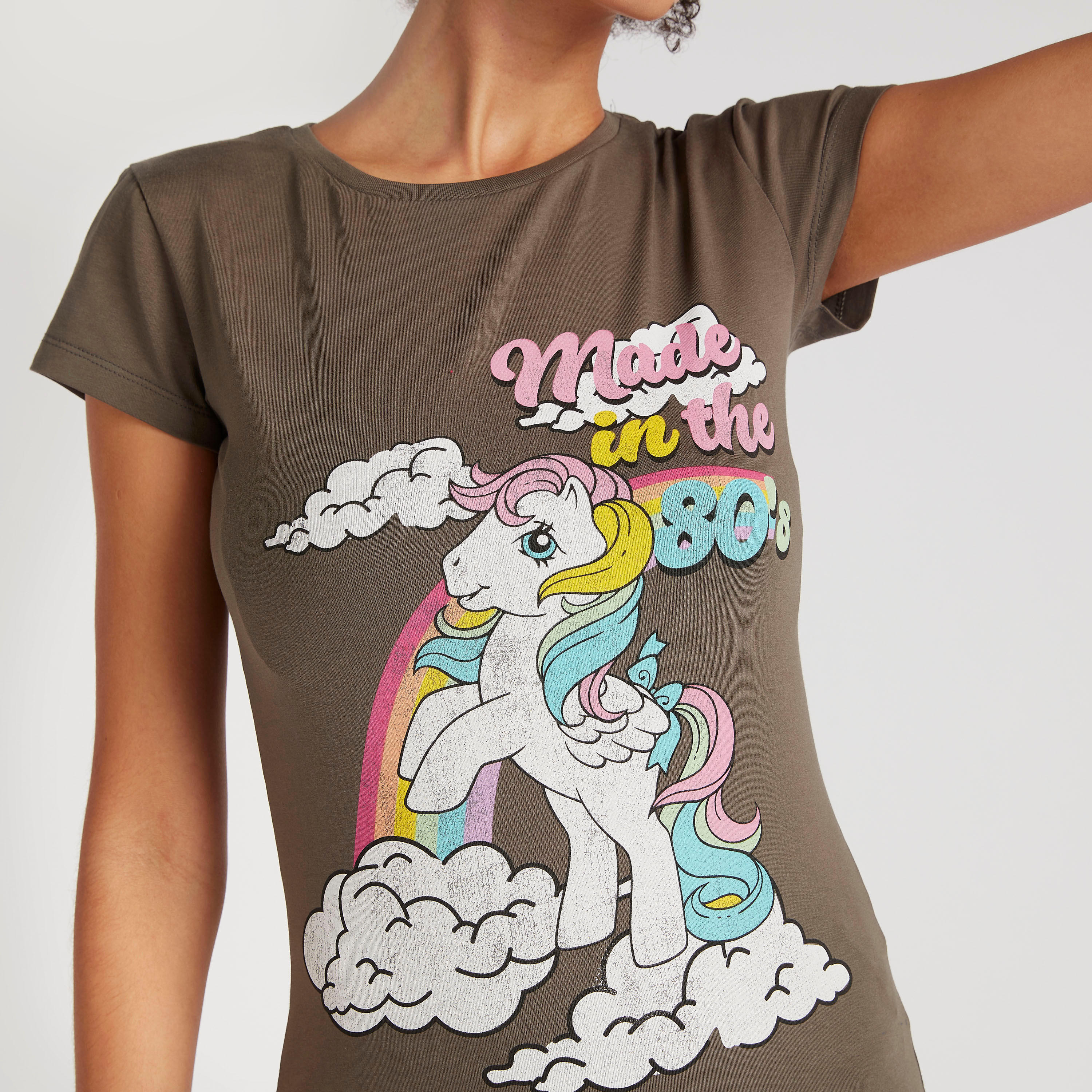 Unicorn Print Crew Neck T-shirt with Cap Sleeves-women-clothing-tshirts-image-3