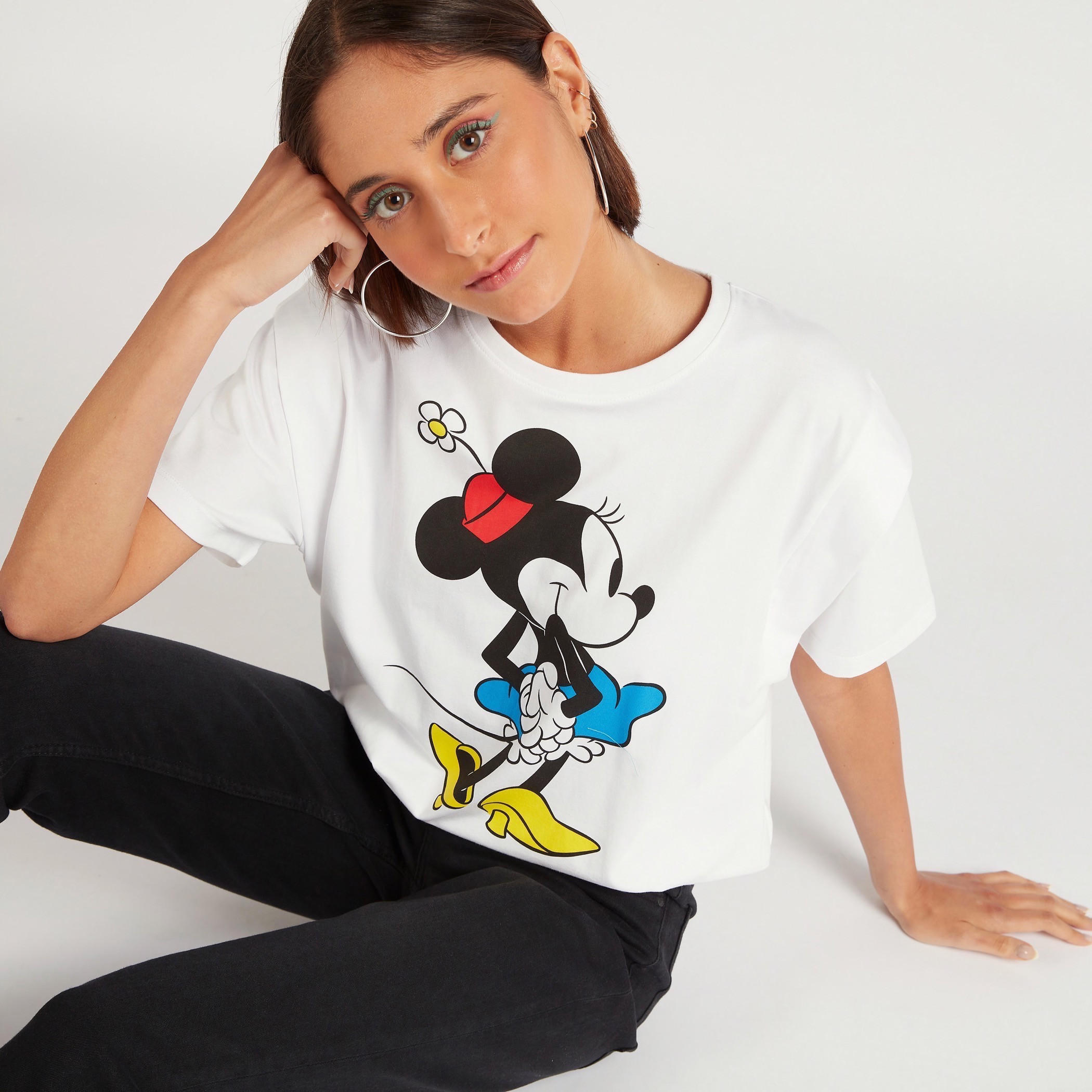 Mickey Mouse Print Crew Neck T-shirt with Short Sleeves-women-clothing-tshirts-image-1