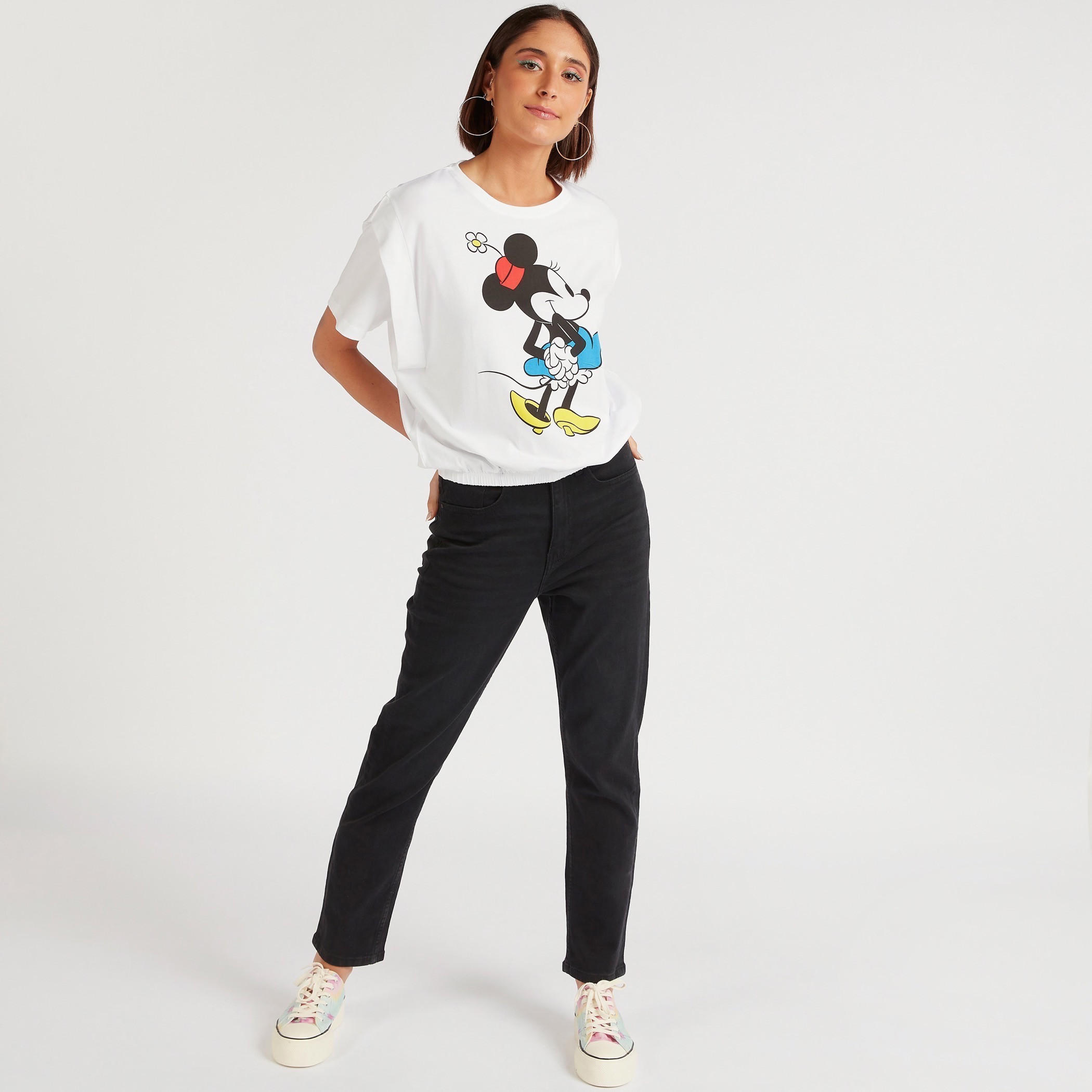 Mickey Mouse Print Crew Neck T-shirt with Short Sleeves-women-clothing-tshirts-image-2