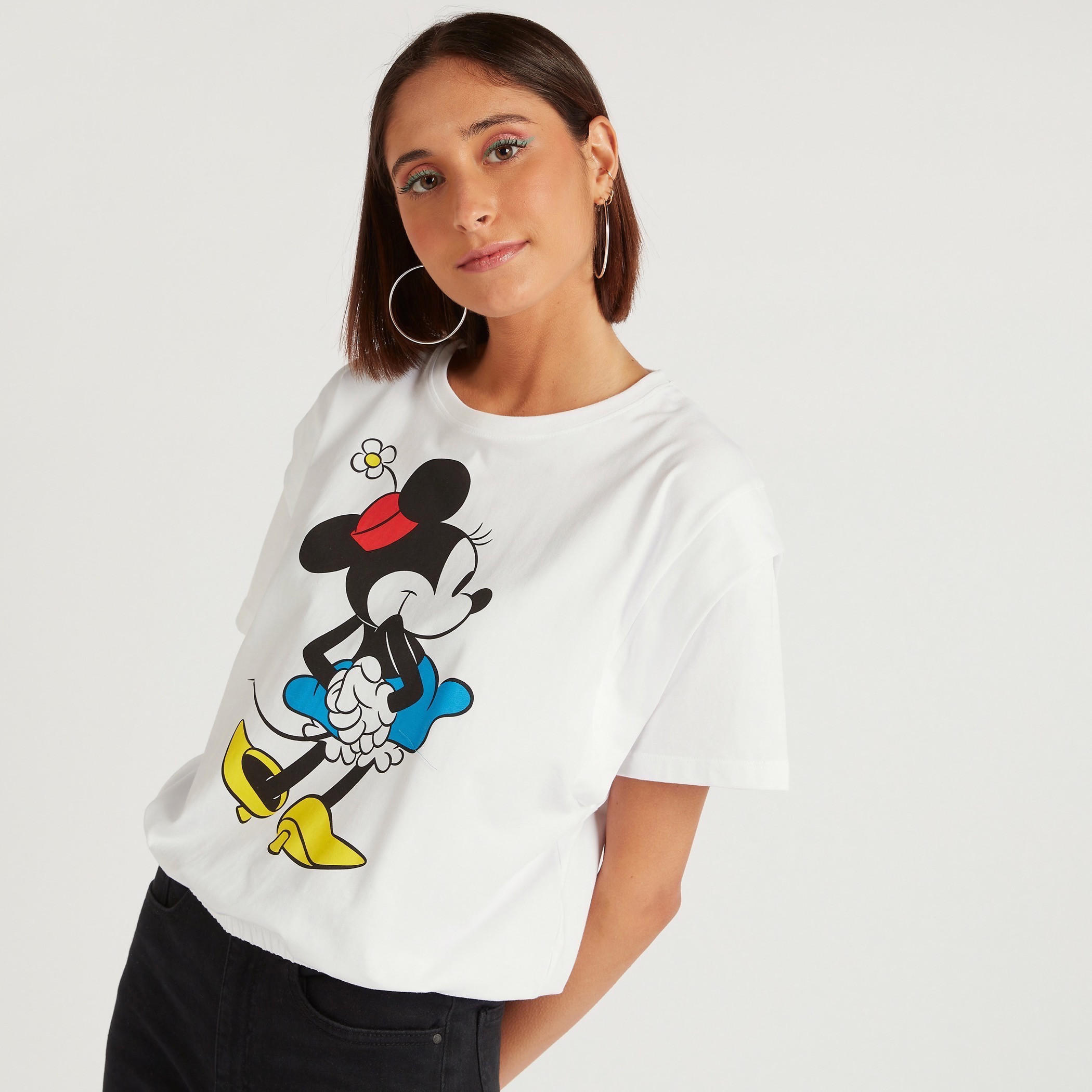 Mickey Mouse Print Crew Neck T-shirt with Short Sleeves-women-clothing-tshirts-image-5