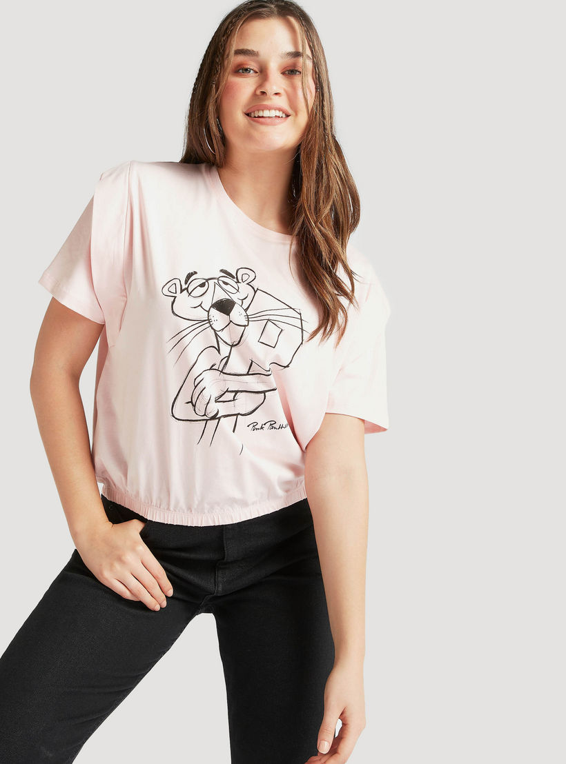 تيشيرت بياقة مستديرة وأكمام قصيرة وطبعات بينك بانتر-women-clothing-tshirts-image-1