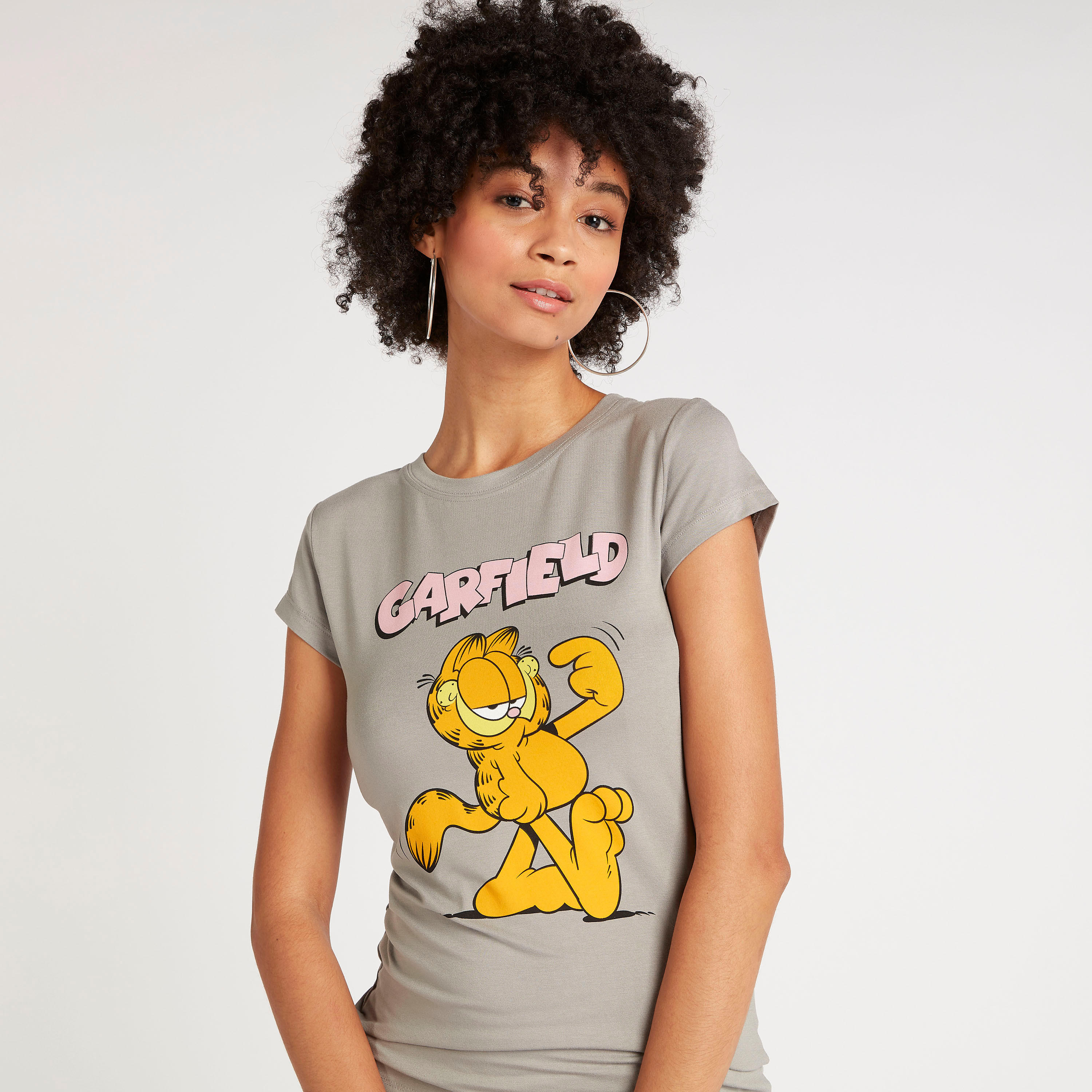 Garfield Print T-shirt with Cap Sleeves and Crew Neck-women-clothing-tshirts-image-1