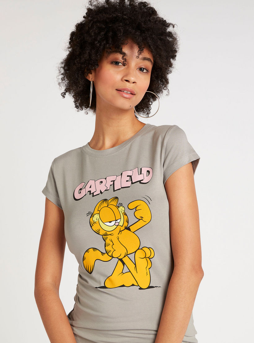 Garfield Print T-shirt with Cap Sleeves and Crew Neck-women-clothing-tshirts-image-1