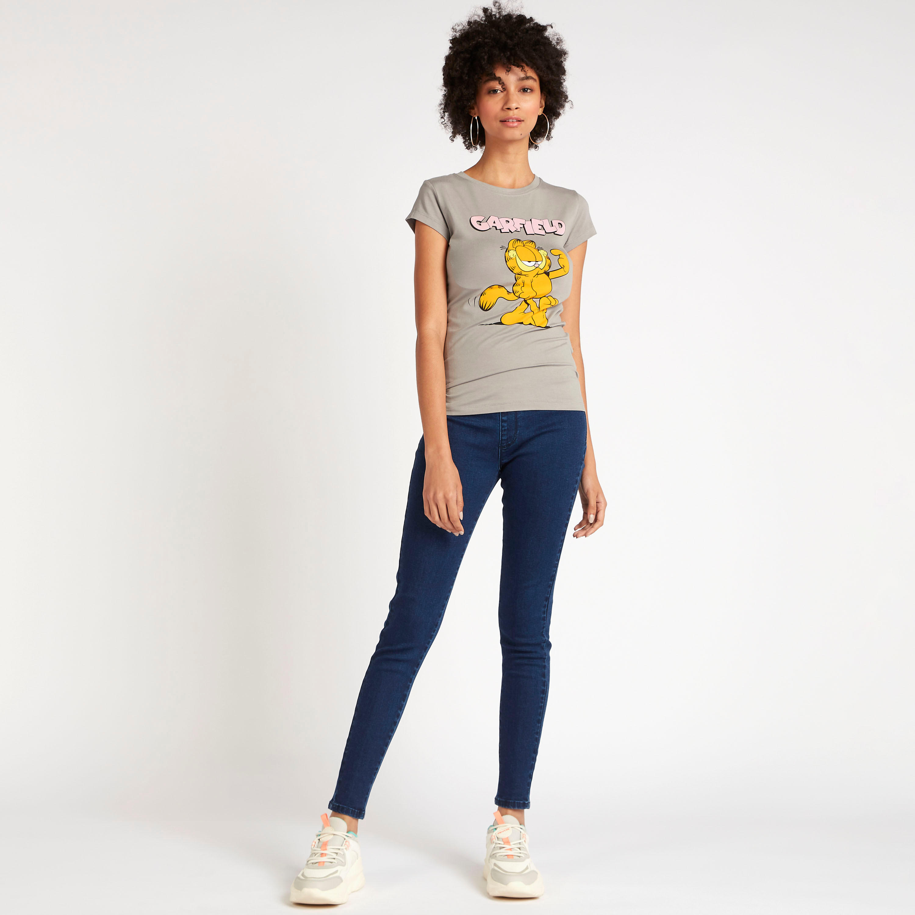 Garfield Print T-shirt with Cap Sleeves and Crew Neck-women-clothing-tshirts-image-2