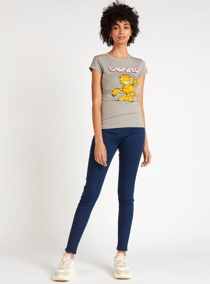 Garfield Print T-shirt with Cap Sleeves and Crew Neck-women-clothing-tshirts-image-2