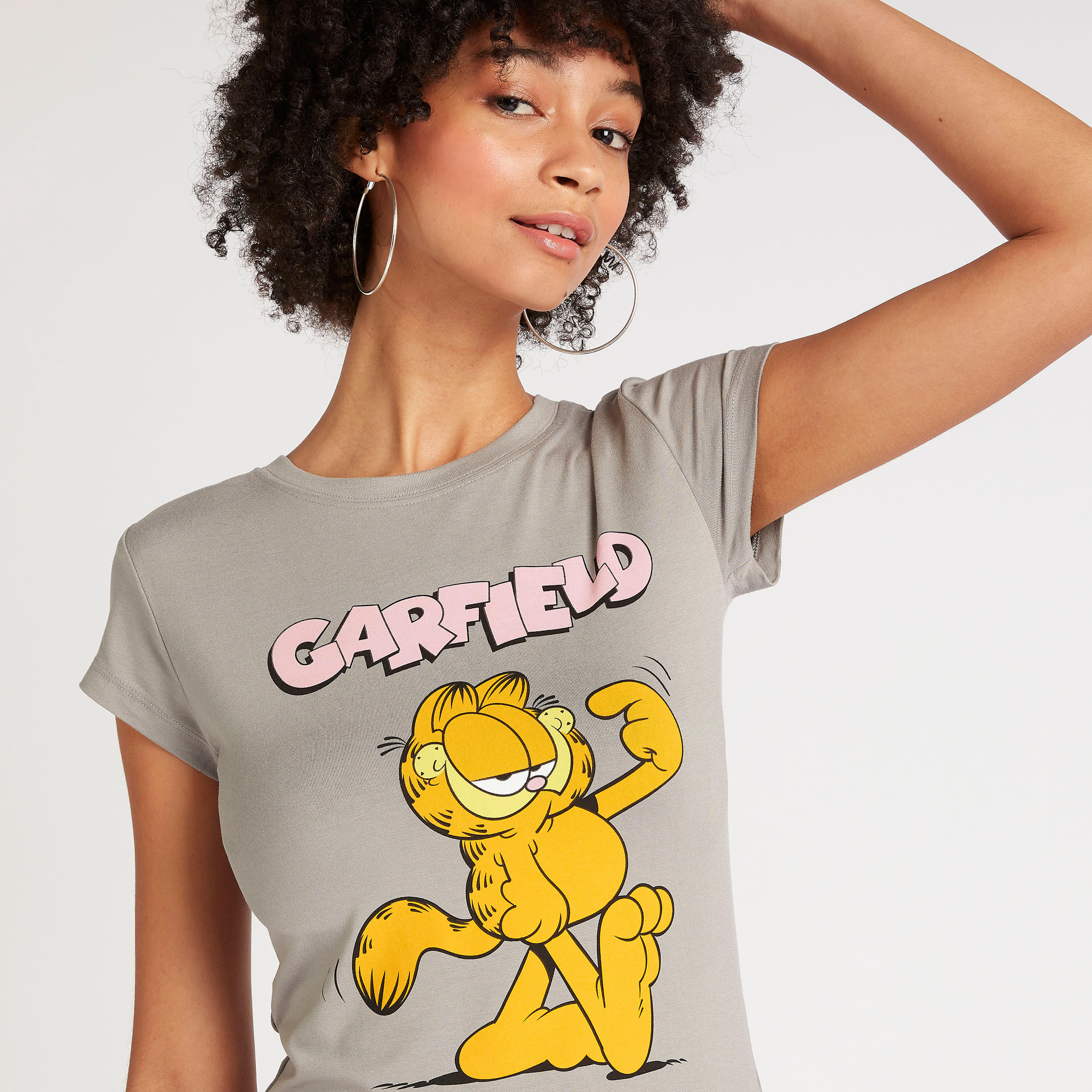 Garfield Print T-shirt with Cap Sleeves and Crew Neck-women-clothing-tshirts-image-3