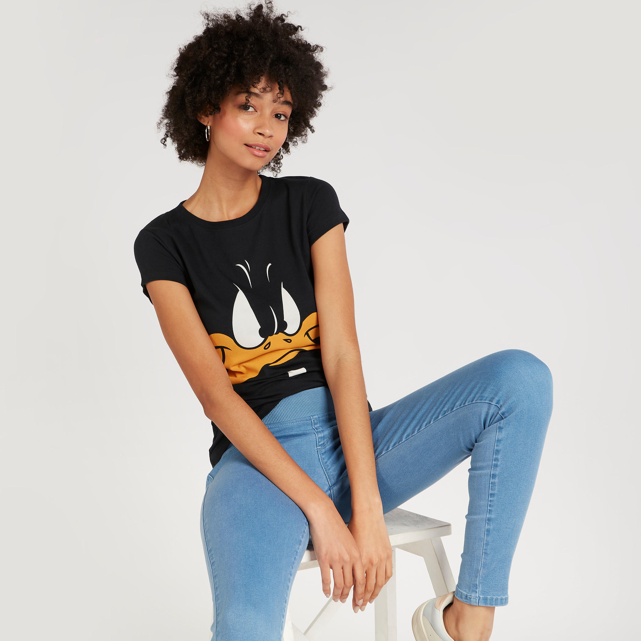 Daffy Duck Print T-shirt with Cap Sleeves and Crew Neck-women-clothing-tshirts-image-1