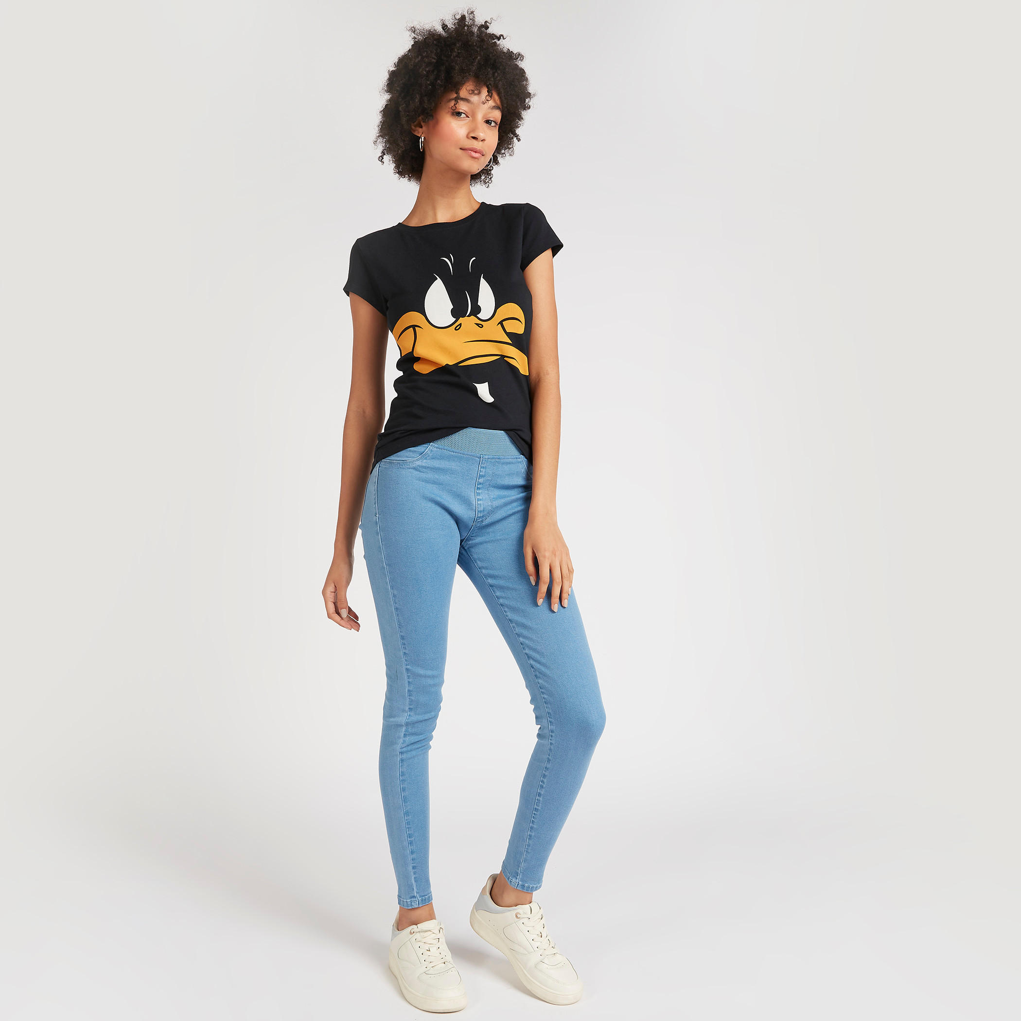 Daffy Duck Print T-shirt with Cap Sleeves and Crew Neck-women-clothing-tshirts-image-2