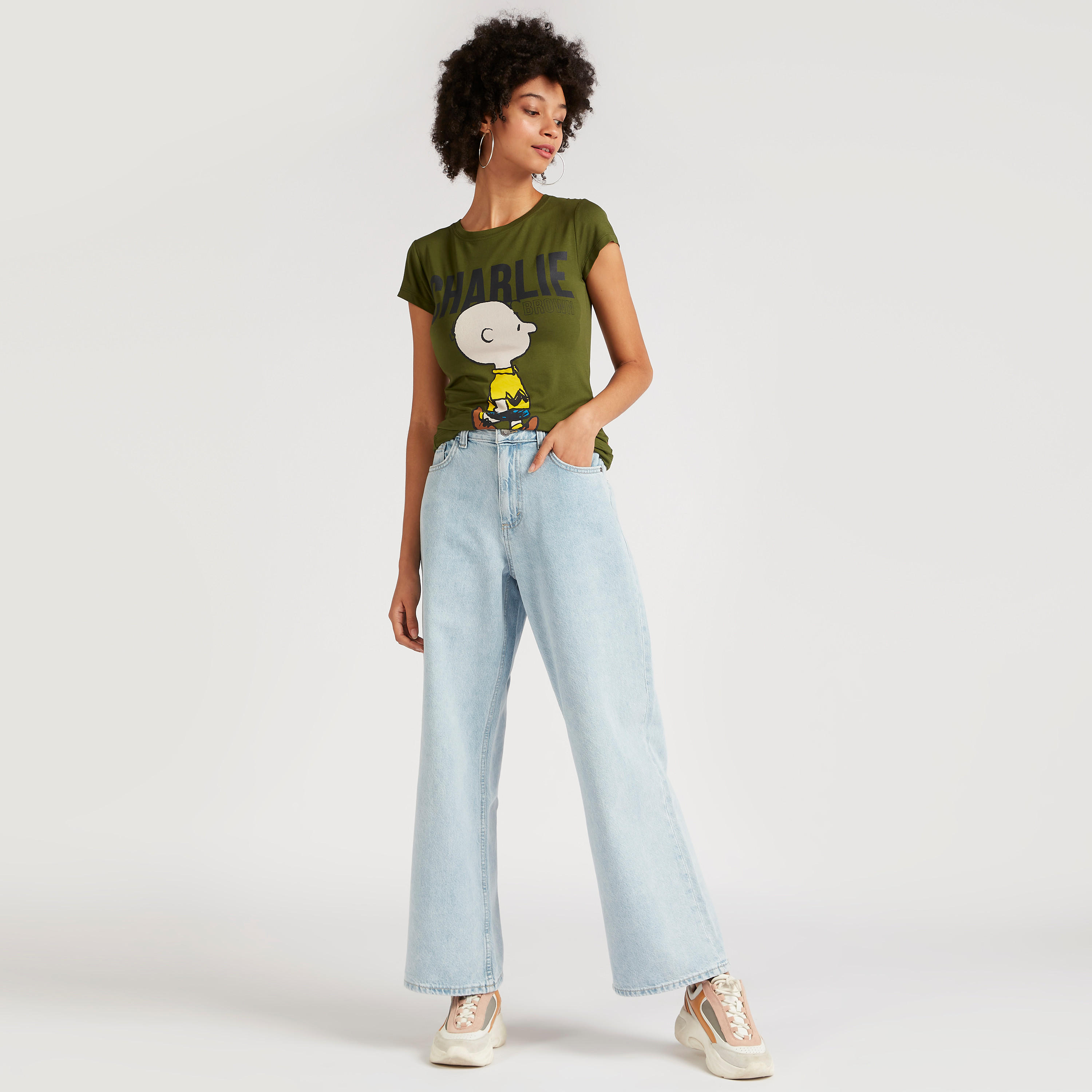 Peanuts Print T-shirt with Round Sleeves and Crew Neck-women-clothing-tshirts-image-2