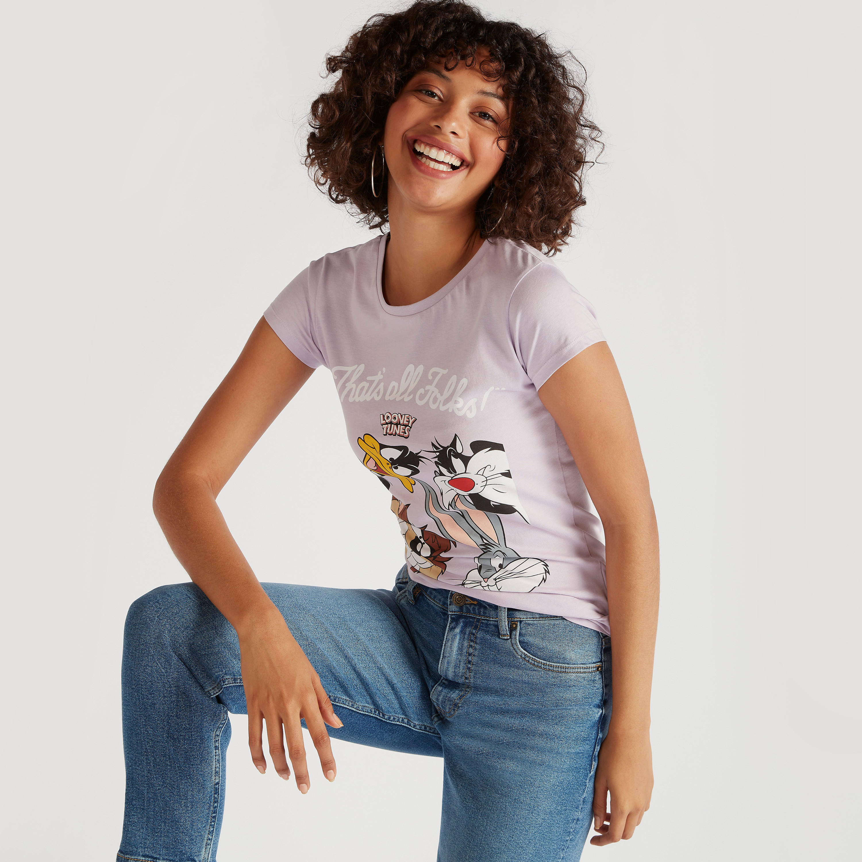 تيشيرت بياقة ضيقة وأكمام كاب وطبعات لوني تيونر-women-clothing-tshirts-image-1