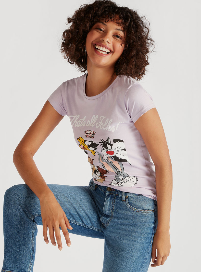 تيشيرت بياقة ضيقة وأكمام كاب وطبعات لوني تيونر-women-clothing-tshirts-image-1