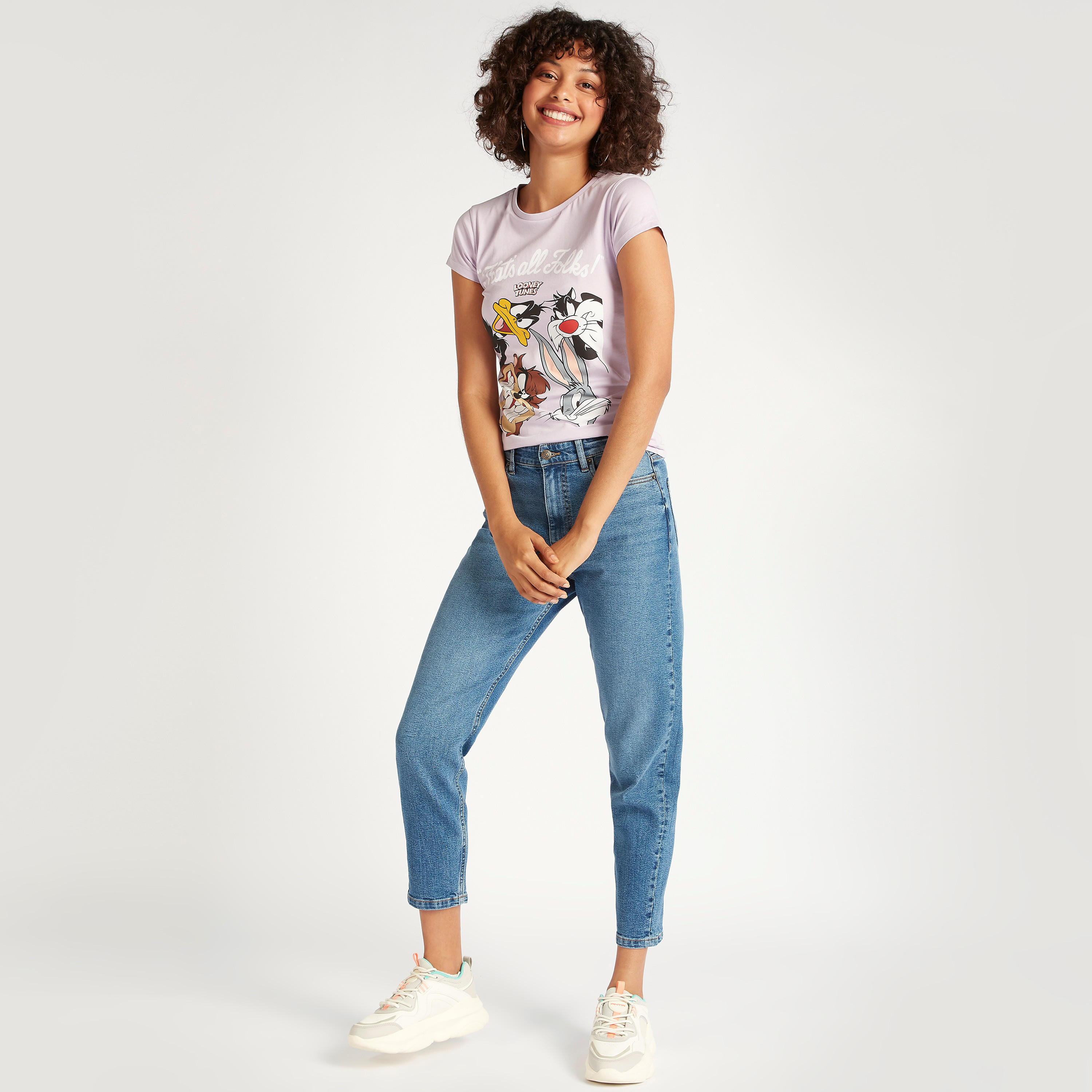 تيشيرت بياقة ضيقة وأكمام كاب وطبعات لوني تيونر-women-clothing-tshirts-image-2