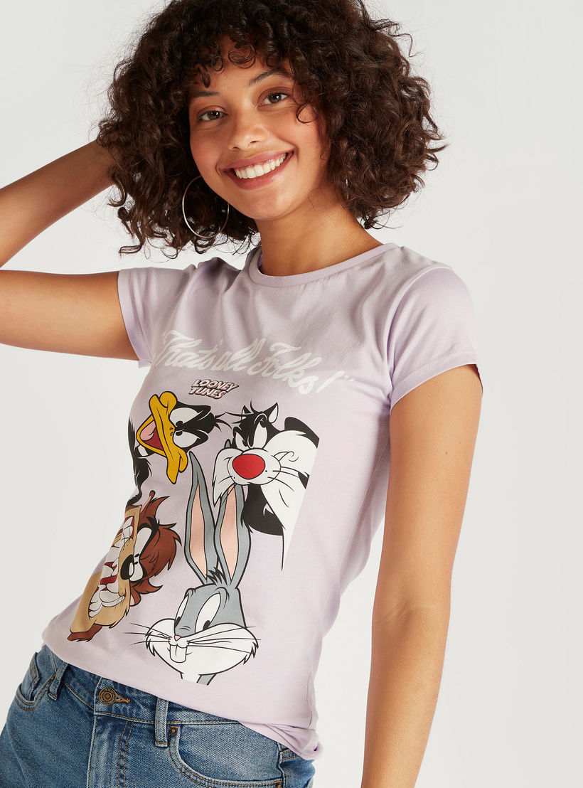 تيشيرت بياقة ضيقة وأكمام كاب وطبعات لوني تيونر-women-clothing-tshirts-image-5