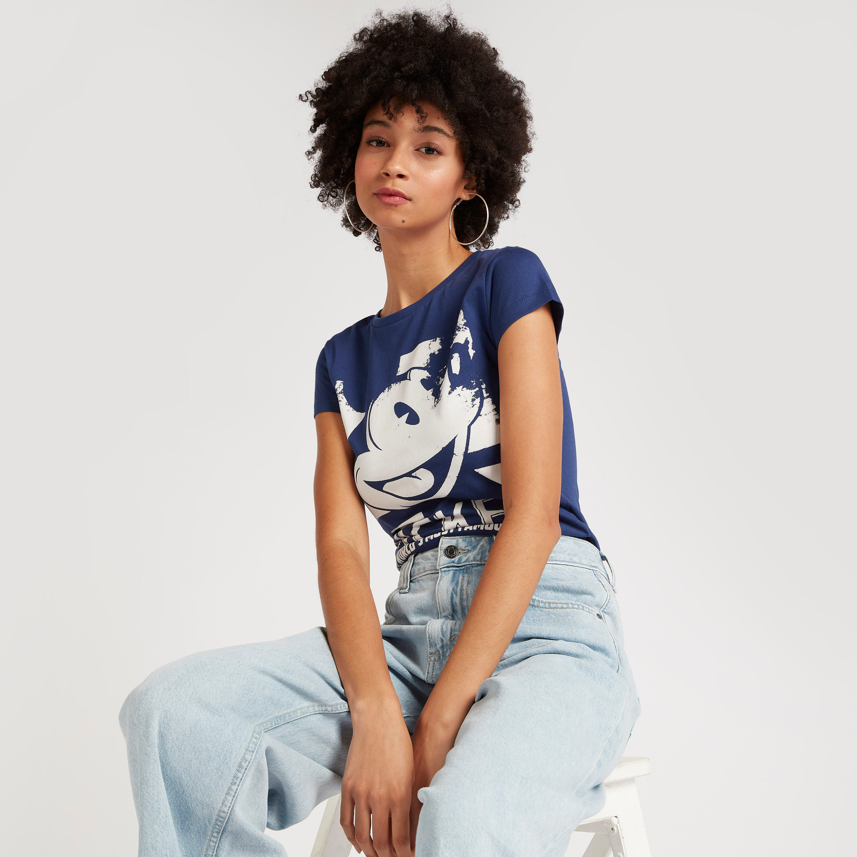 Mickey Mouse Print Crew Neck T-shirt with Cap Sleeves-women-clothing-tshirts-image-1