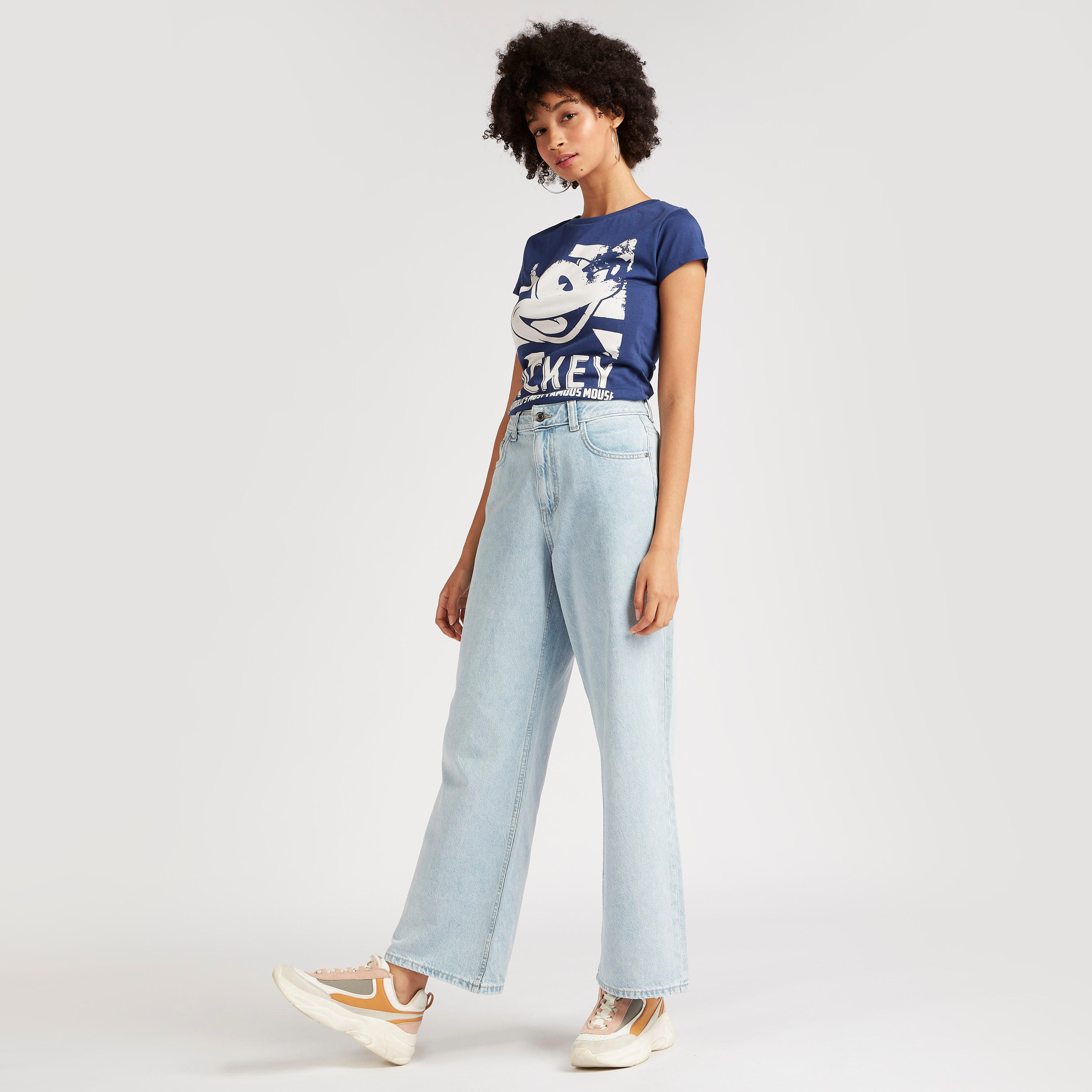Mickey Mouse Print Crew Neck T-shirt with Cap Sleeves-women-clothing-tshirts-image-2