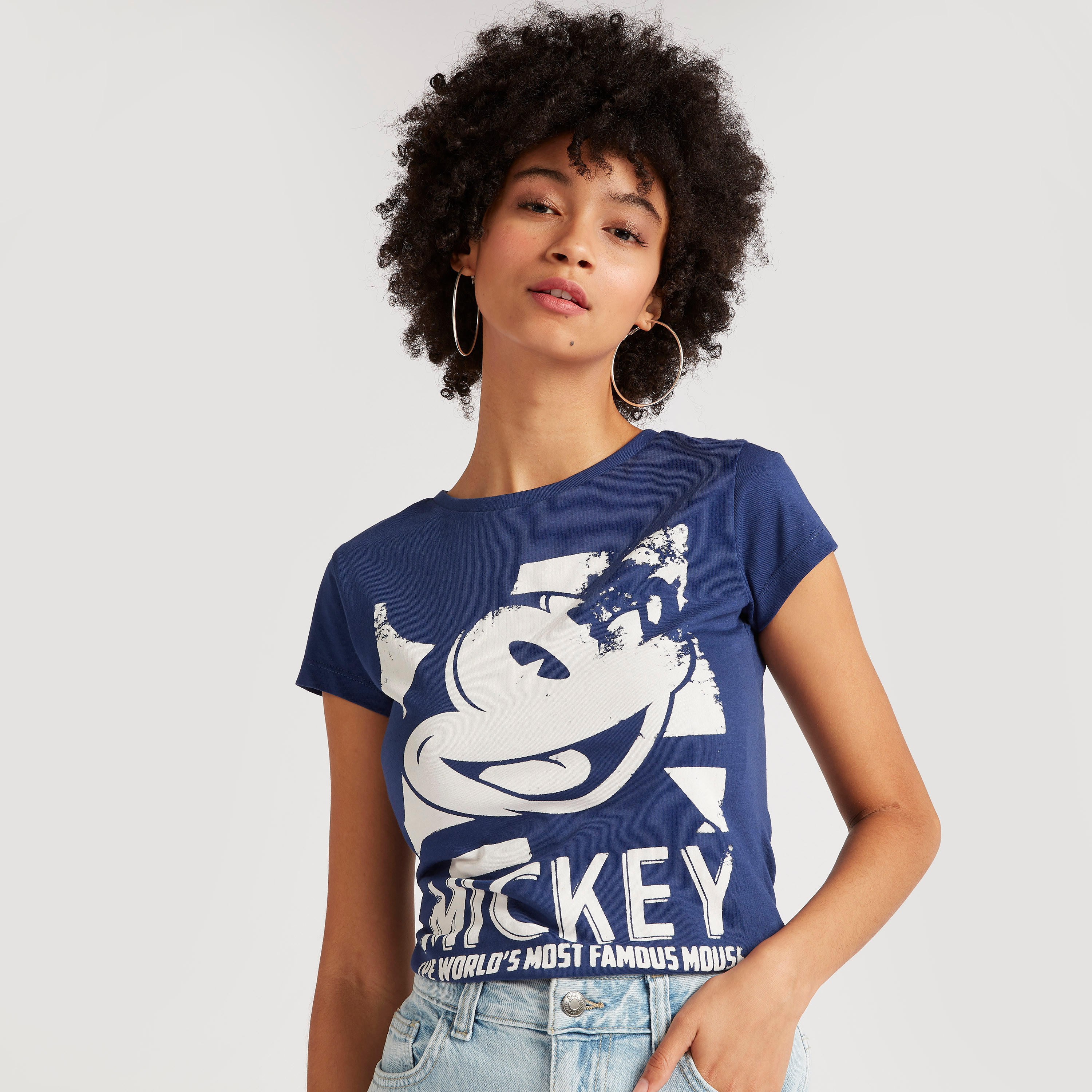 Mickey Mouse Print Crew Neck T-shirt with Cap Sleeves-women-clothing-tshirts-image-5