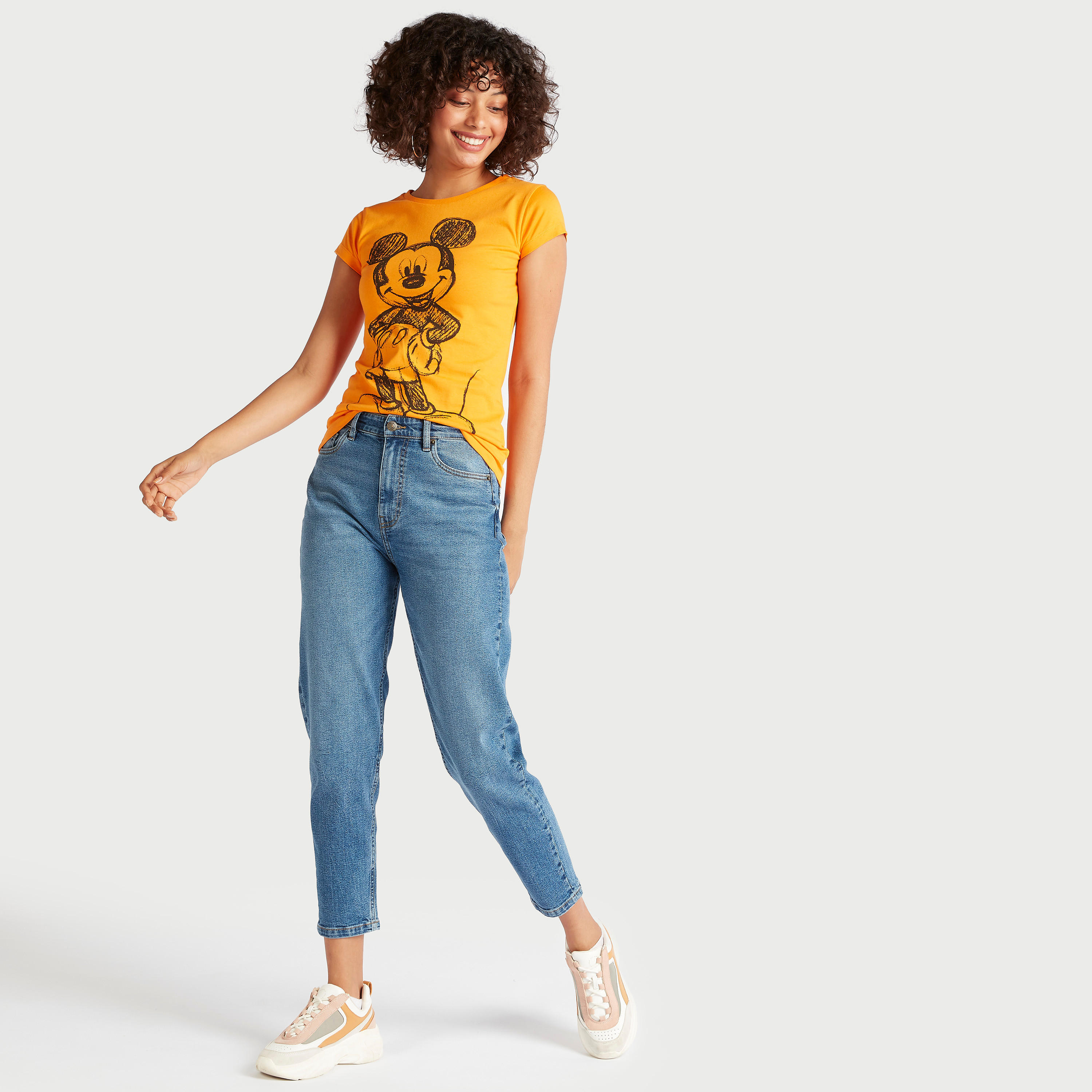 Mickey Mouse Print T-shirt with Crew Neck and Cap Sleeves-women-clothing-tshirts-image-2