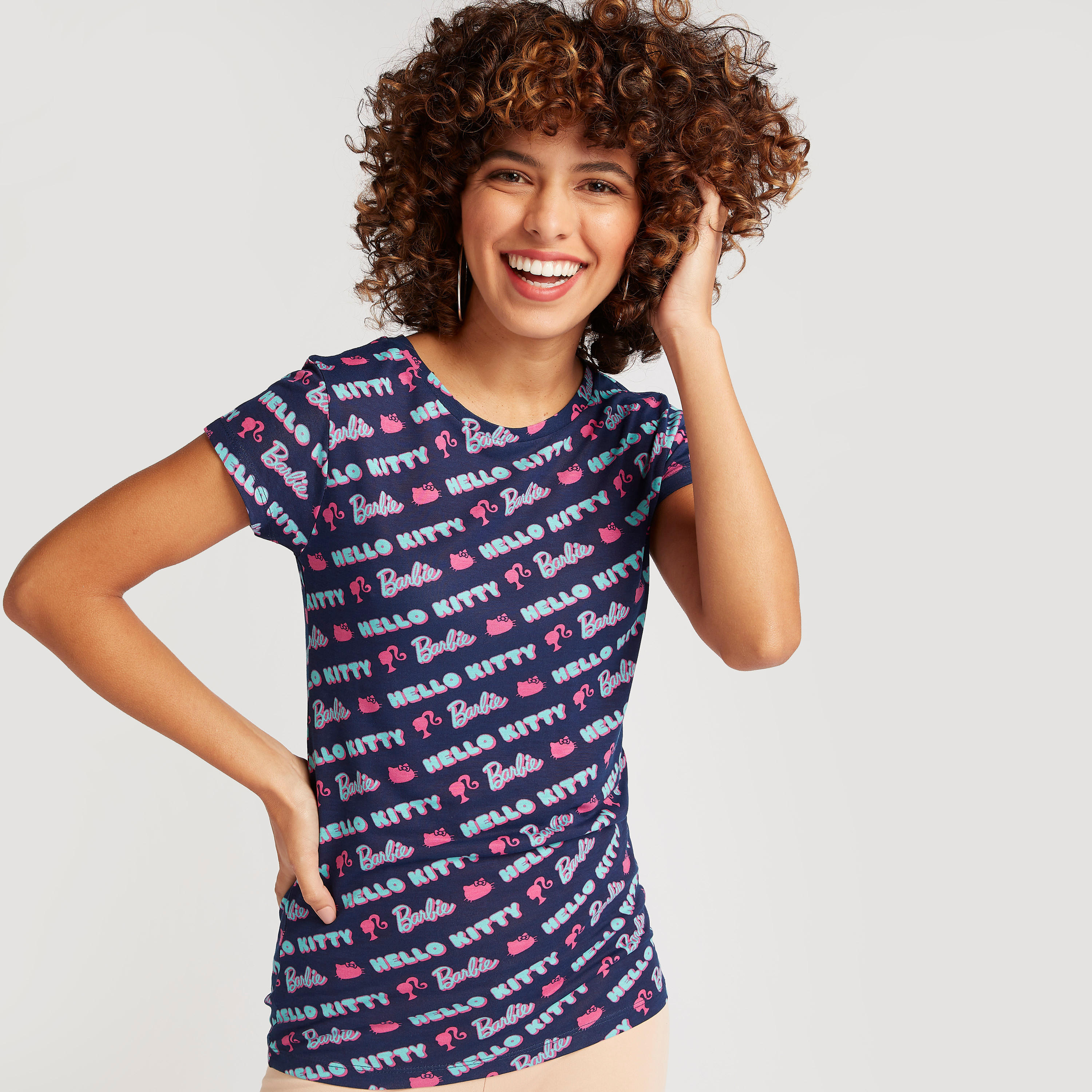 Hello Kitty Print Round Neck T-shirt with Cap Sleeves-women-clothing-tshirts-image-1