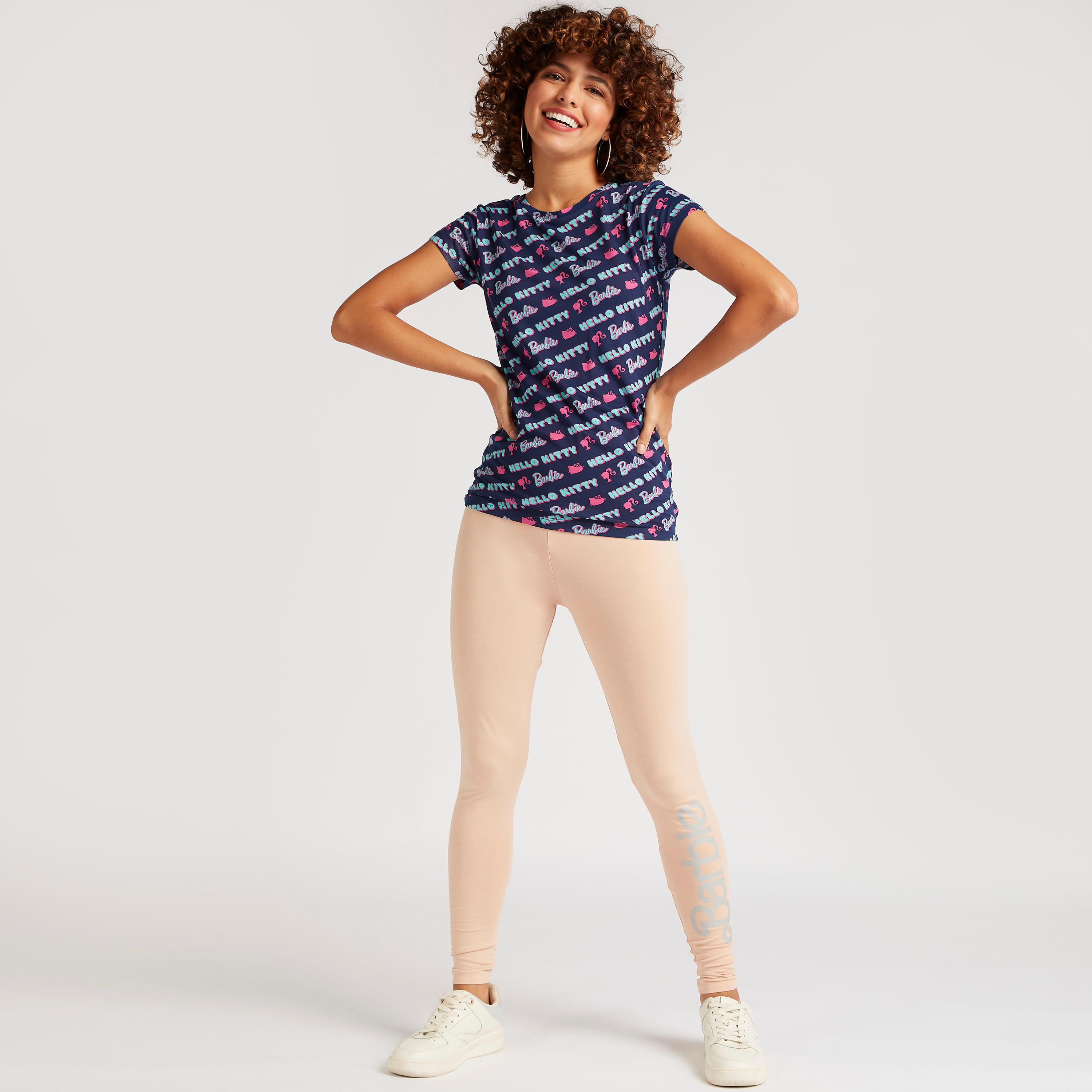 Hello Kitty Print Round Neck T-shirt with Cap Sleeves-women-clothing-tshirts-image-2