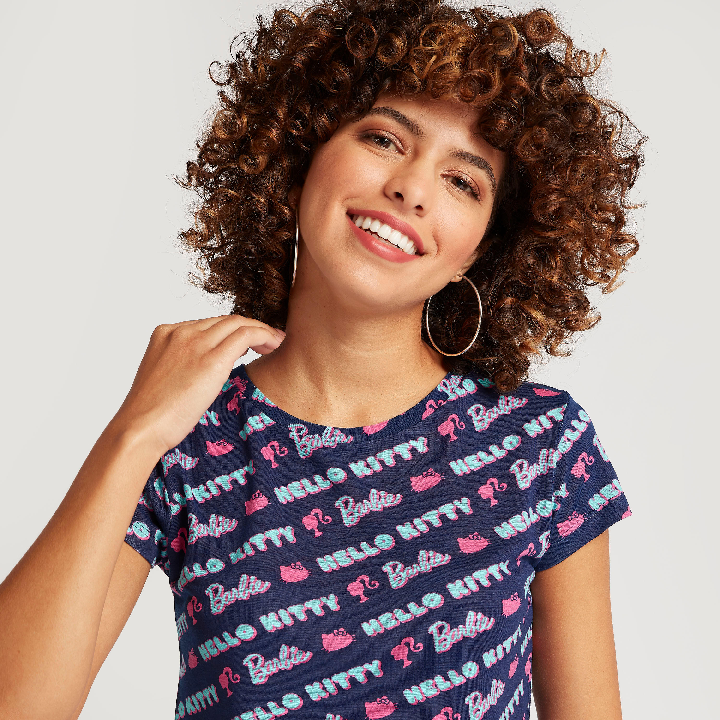 Hello Kitty Print Round Neck T-shirt with Cap Sleeves-women-clothing-tshirts-image-3